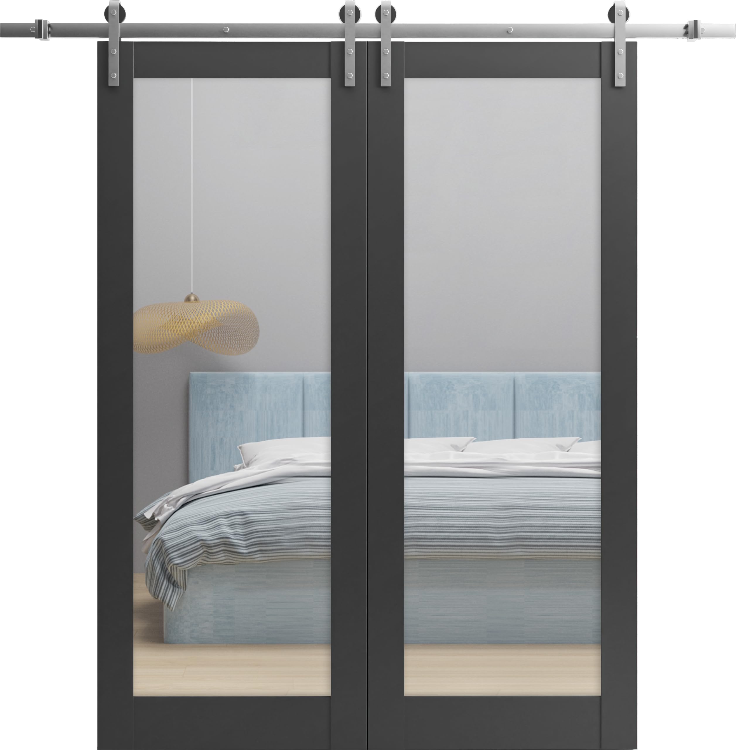 Sturdy 72 x 84 Inch Double Barn Doors with Matte Black Finish & Mirror - Solid Panel Interior Doors with 13FT Stainless Steel Rail Hangers - Perfect for Farmhouse, Rustic Home & Office Decor