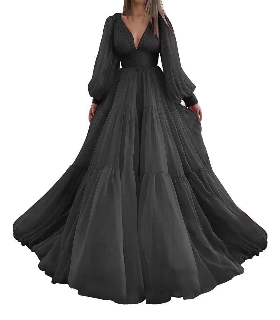 Elegant Long Puffy Sleeve Tulle Ball Gown - V-Neck Formal Prom Dress for Women | Perfect for Weddings, Evening Parties & Special Occasions