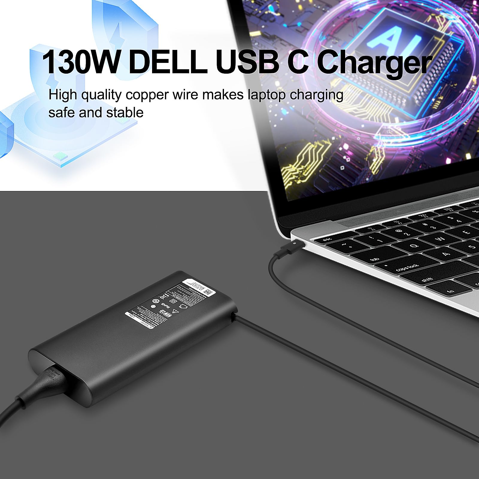 130W USB C Laptop Charger for Dell XPS 15 17 2-in-1, Precision & Latitude Series - 20V 6.5A AC Power Adapter - Perfect for Home, Office & Travel Use
