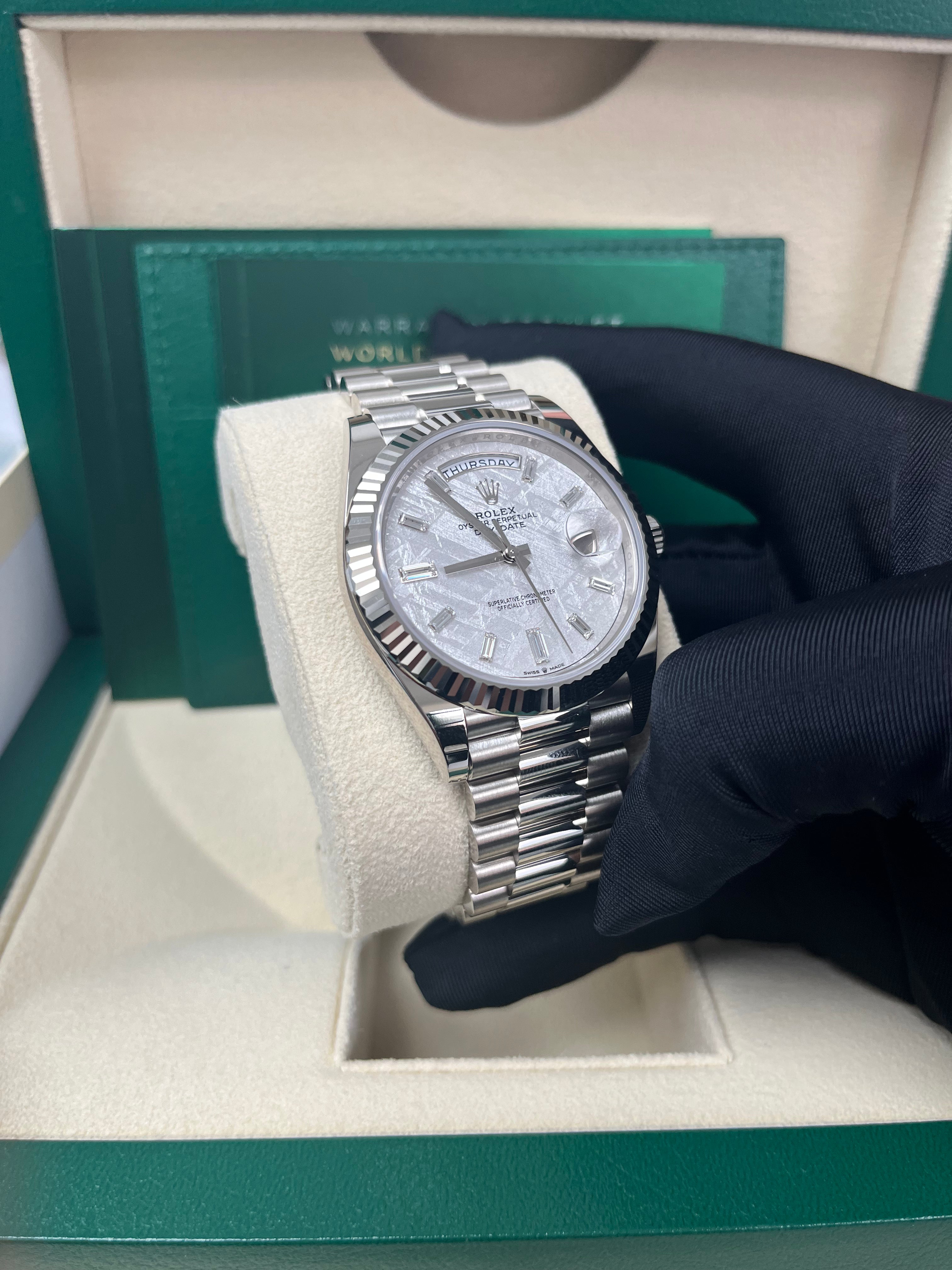 Rolex Day-Date 40mm Men's Watch - Meteorite Baguette Diamond Dial, White Gold Fluted Bezel, Ref. 228239 | Luxury Dress Watch for Business & Formal Occasions