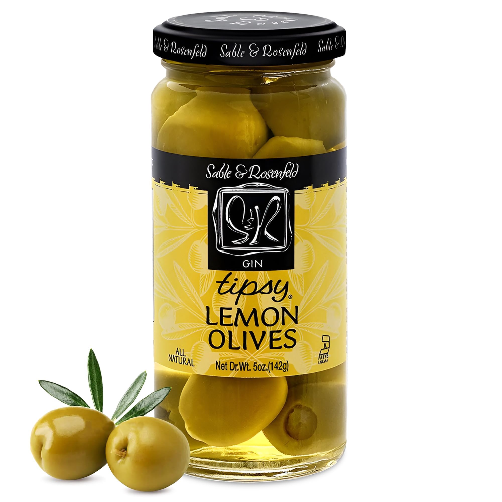 Premium Cocktail Olives - Green Olives Stuffed with Lemon in Gin | Large Gourmet Martini & Bloody Mary Garnish | Olive Bar Essential by Sable & Rosenfeld | 5 oz Pack | Perfect for Home Bars, Cocktail Parties & Gourmet Gift Giving
