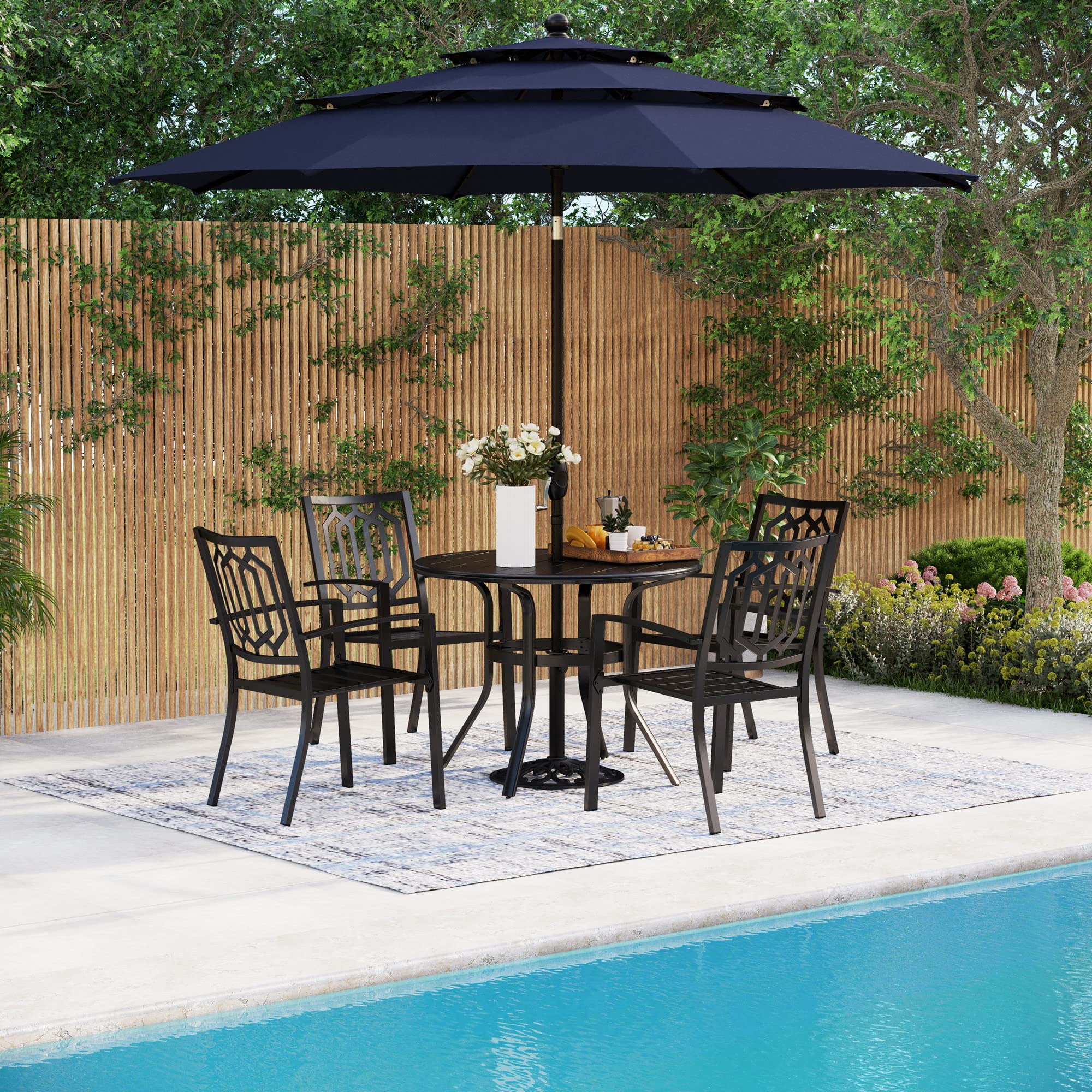 MFSTUDIO 6-Piece Outdoor Patio Dining Set with 10ft Umbrella - Navy Blue Wicker Furniture Set Includes 4 Stackable Chairs & Round Table - Perfect for Backyard, Garden, Poolside or Terrace (Umbrella Base Sold Separately)