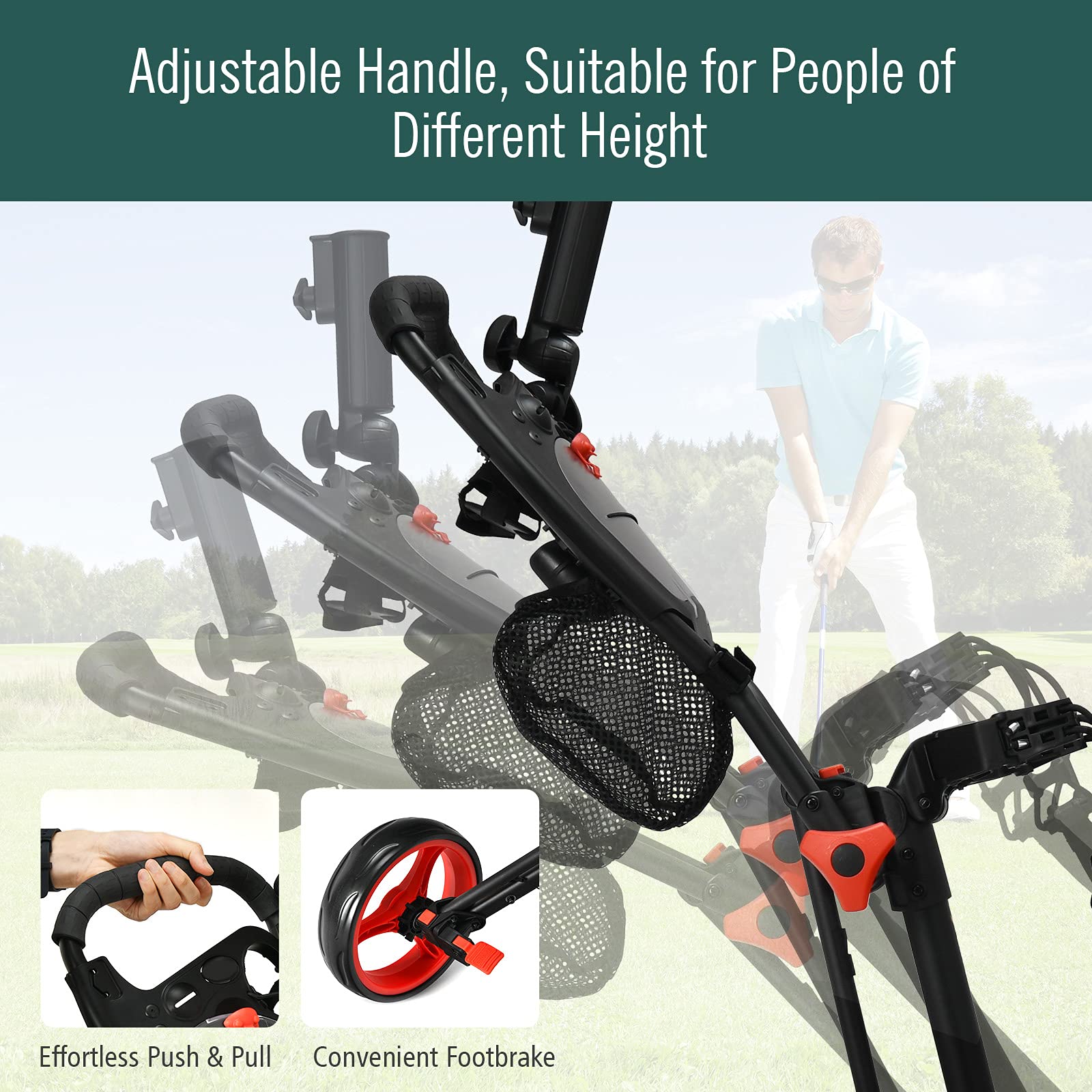 **Tangkula Lightweight Aluminum 3-Wheel Golf Push Pull Cart - Foldable Golf Trolley with Storage Bag, Beverage Holder & Foot Brake - Adjustable Umbrella Holder & 4 Height Positions - Perfect for Golf Courses & Outdoor Sports**