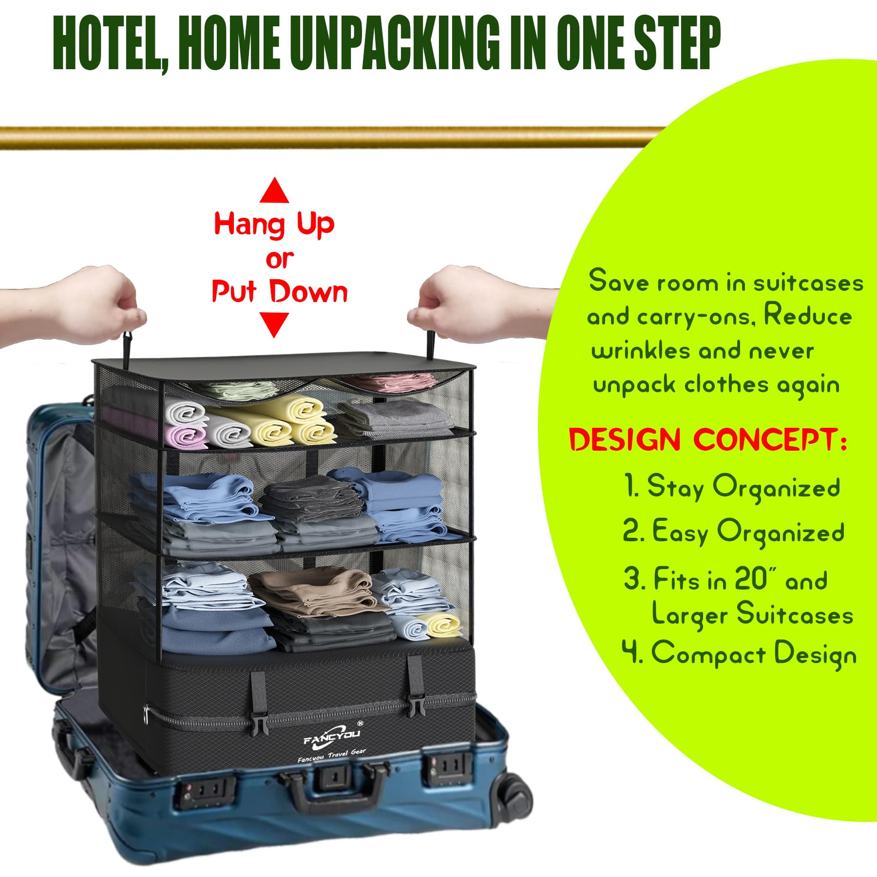 Premium Hanging Packing Cubes for Suitcase - 17x12x24in Travel Organizer Bags with Upgraded Nylon Fabric | Compression Packing & Unpacking in One Step | Perfect for Business Travel, Vacation & Weekend Getaways