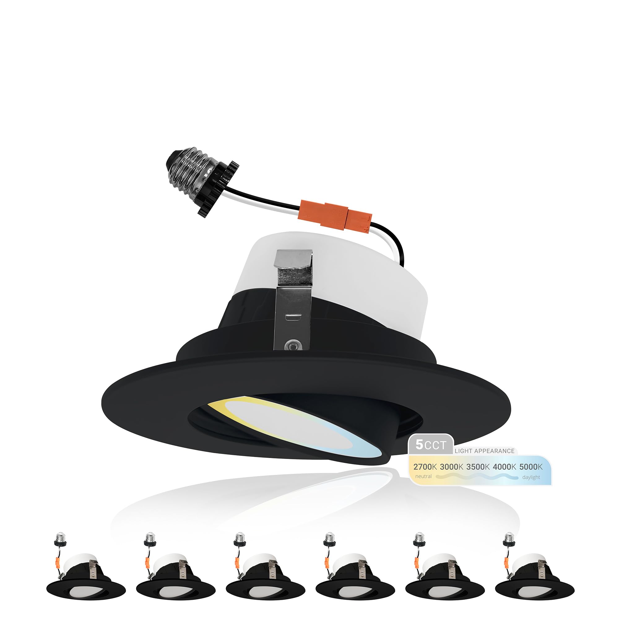 NUWATT Black 4 Inch Gimbal Retrofit LED Recessed Lighting - 5CCT Selectable (2700K-5000K), 750lm High Brightness, 10W, Adjustable Sloped Ceiling Light, Dimmable Eyeball Lights - 6 Pack - Perfect for Living Rooms, Kitchens & Bedrooms