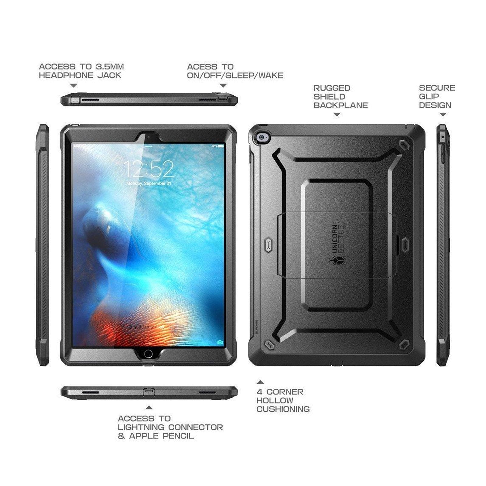 iPad Pro 12.9 inch (2017) Heavy Duty Shockproof Case - Unicorn Beetle Pro Rugged Protective Cover with Built-in Kickstand (Black) - Perfect for Outdoor, Travel & Work Protection