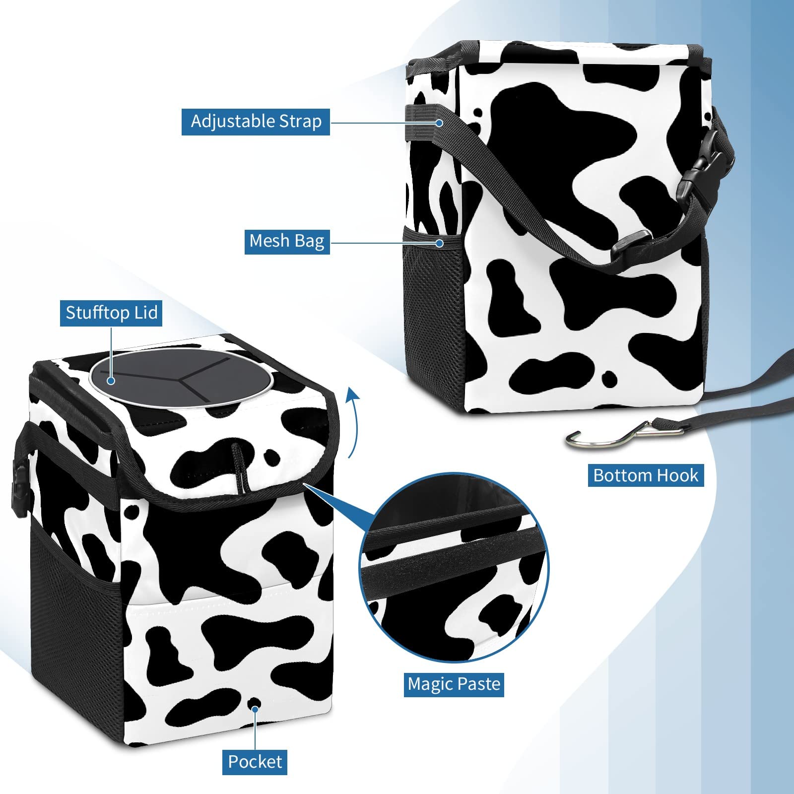 Western Black & White Cow Print Collapsible Car Trash Can with Lid - Reusable Waterproof Auto Garbage Bin for Car, Truck & SUV | Perfect for Road Trips, Commuting & Keeping Vehicle Interior Clean
