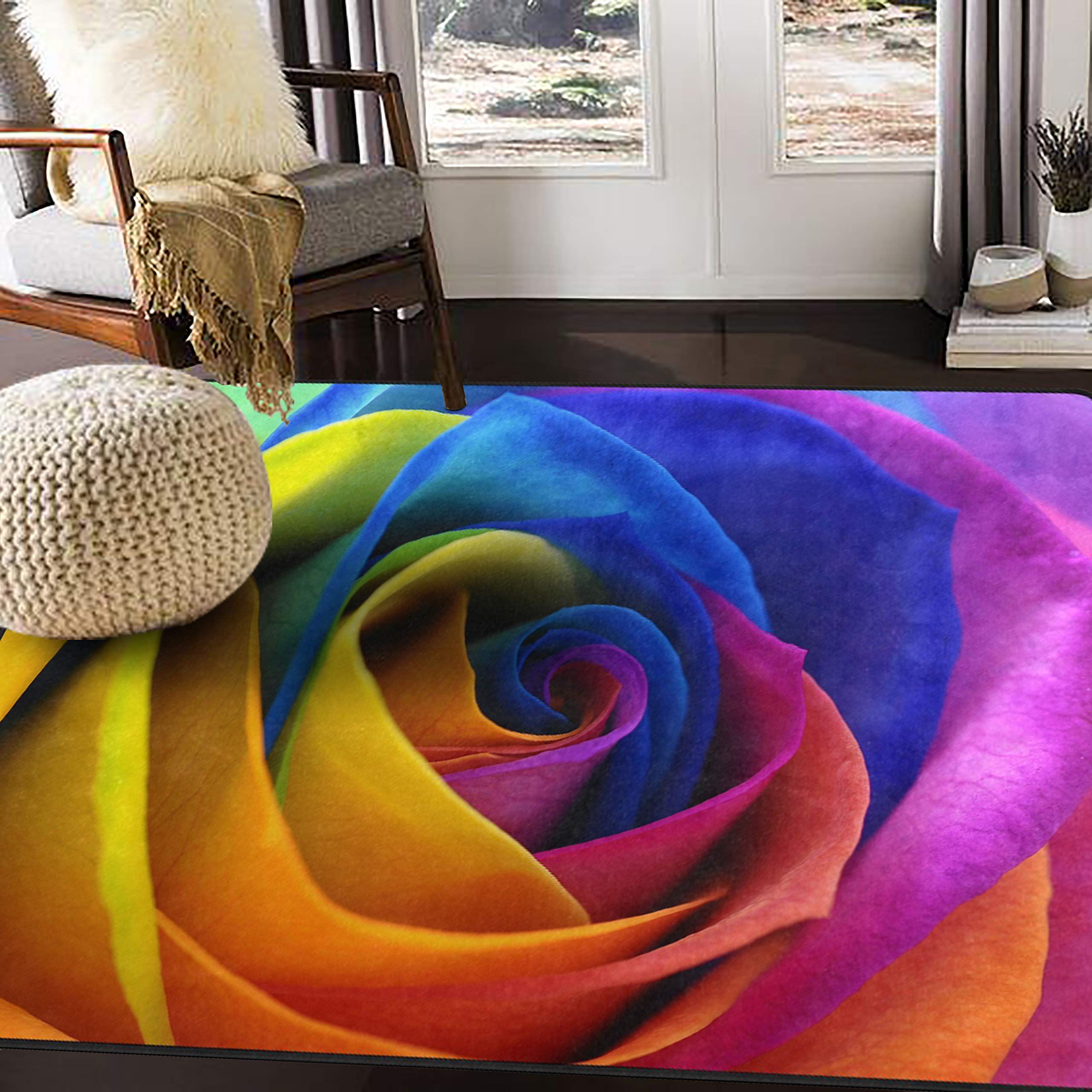 ALAZA Happy Rose Flower Rainbow Area Rug 7' x 5' - Soft Non-Slip Living Room & Bedroom Carpet - Perfect for Boho Decor, Nursery, Dorm Room & Home Office