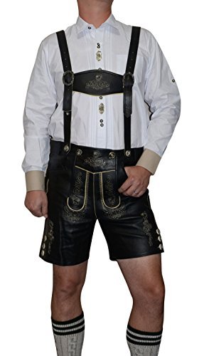 Authentic German Dirndl Trachten Haus 2-Piece Leather Oktoberfest Lederhosen Shorts for Men & Women - Black Bavarian Costume for Beer Festivals, Halloween & Cultural Events