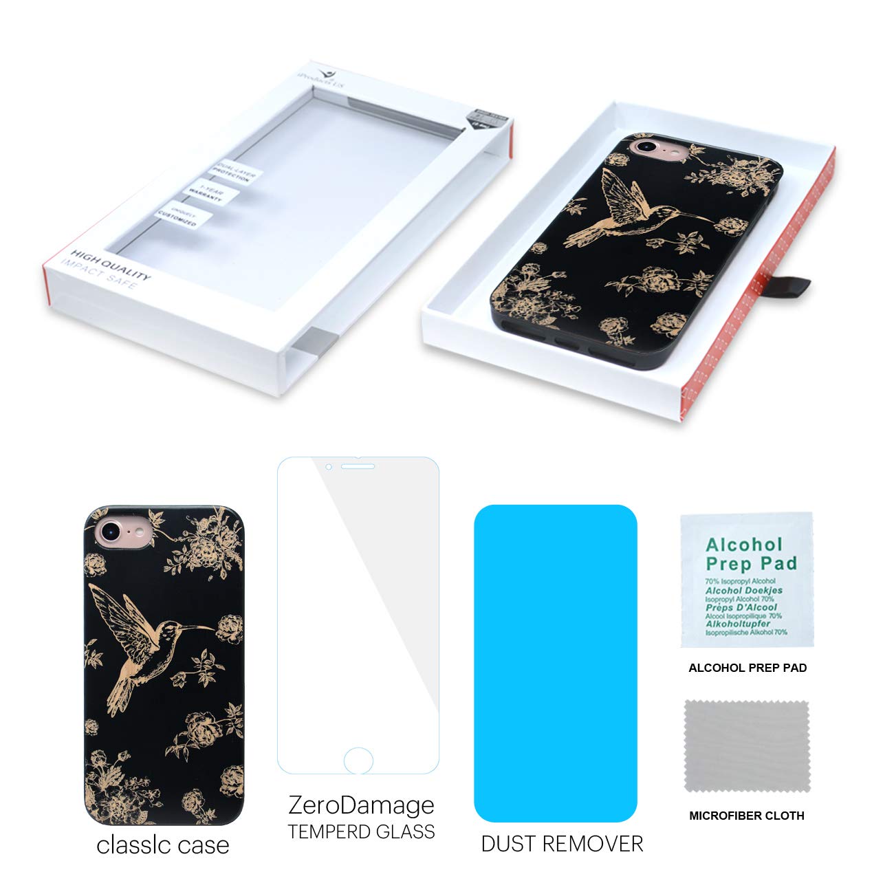 Premium Wooden Phone Case Compatible with iPhone 8 Plus/7 Plus/6 Plus/6S Plus - Black Bamboo Cover with Hummingbird Engraving & Built-in Metal Plate (5.5 Inch) + Free Screen Protector | Eco-Friendly Protective Case for Daily Use, Travel & Outdoor Activities