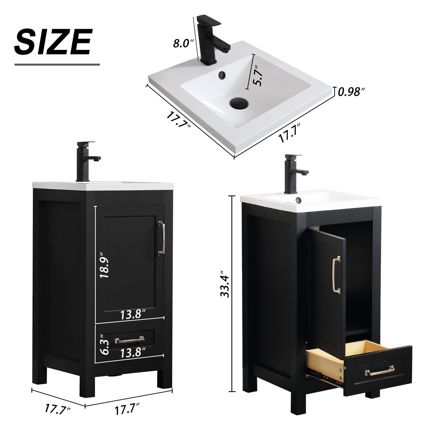 LUCKWIND 18 Inch Modern Black Bathroom Vanity with Ceramic Sink, Faucet & Storage Drawers - Space-Saving Cabinet for Small Bathrooms, Powder Rooms & Apartments | Perfect for Compact Spaces & Home Renovations