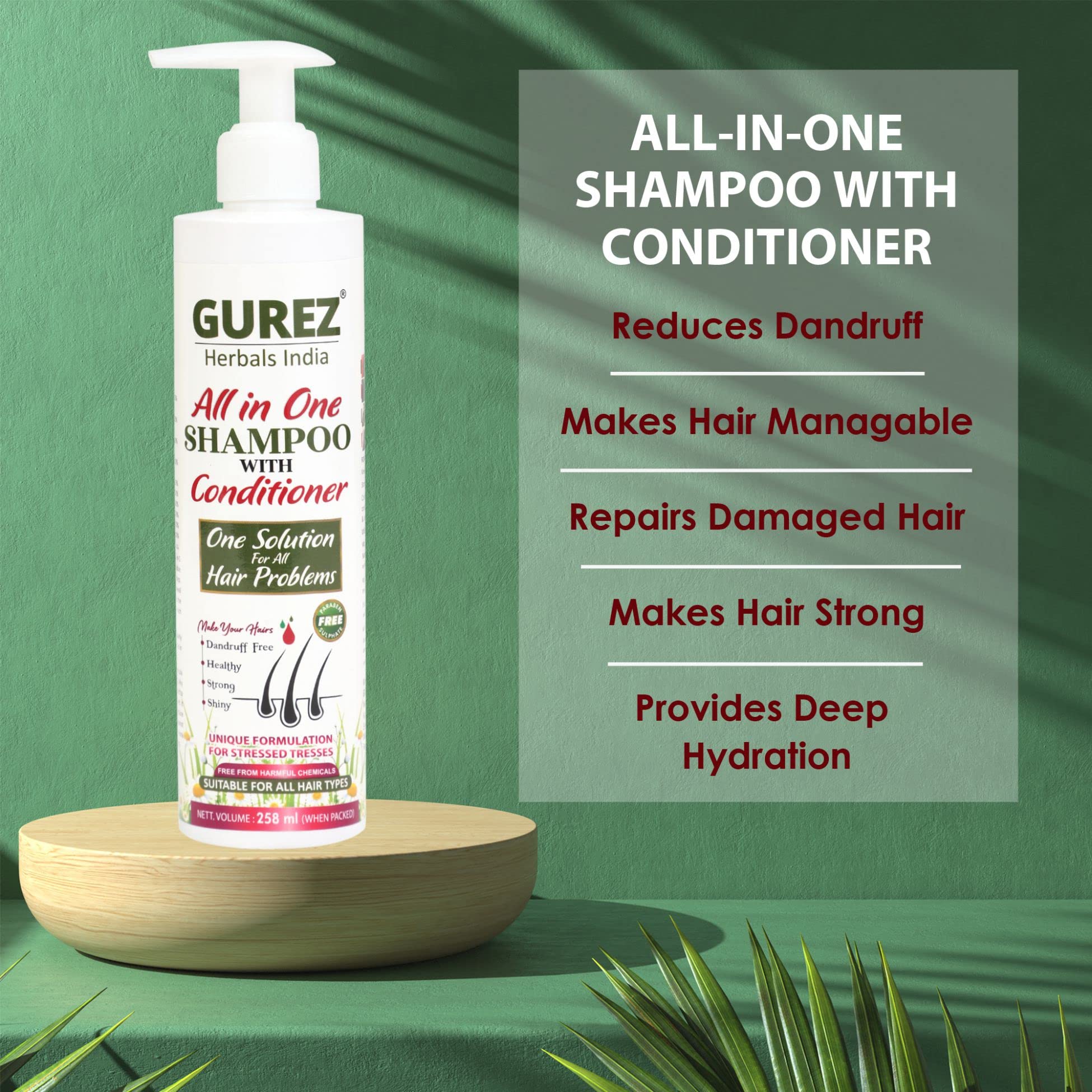 Gurez All-in-One Shampoo & Conditioner 258ml - Anti-Dandruff Treatment for Healthy, Strong & Shiny Hair - Hair Repair Solution for Men & Women - Pack of 1 | Perfect for Daily Use, Travel & Damaged Hair Care