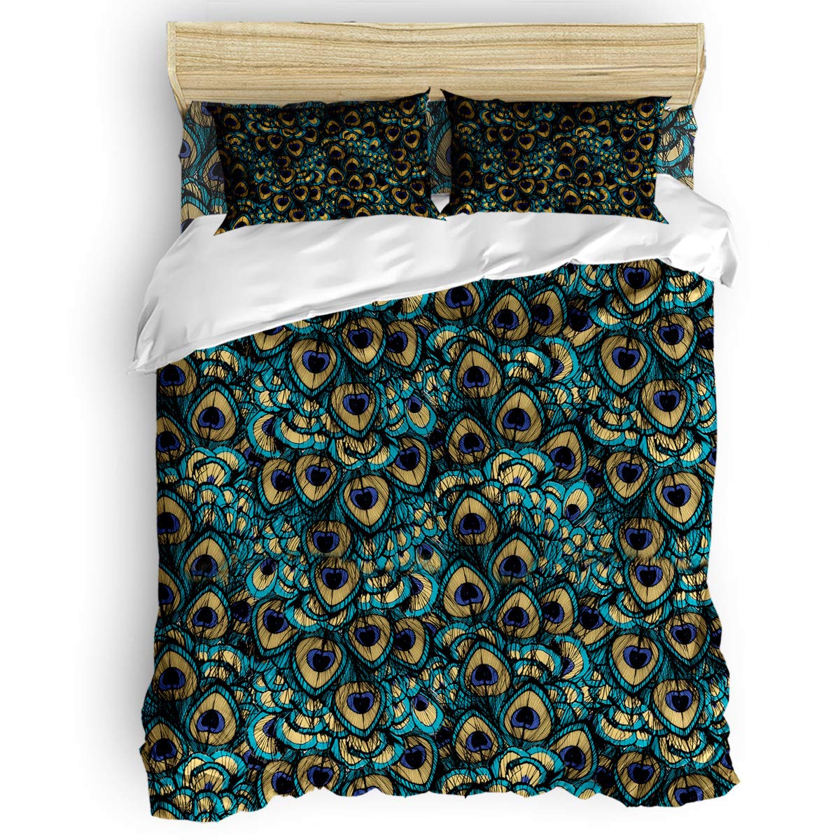 Bilagawa Luxury King Size Duvet Cover Set - Soft Twill Plush Bedding for Men & Women, Peacock Feather Design Kids Bed Sheets, Includes 1 Duvet Cover + 1 Bed Sheet + 2 Pillow Cases - Perfect for Master Bedroom, Guest Room & Kids Room Decor