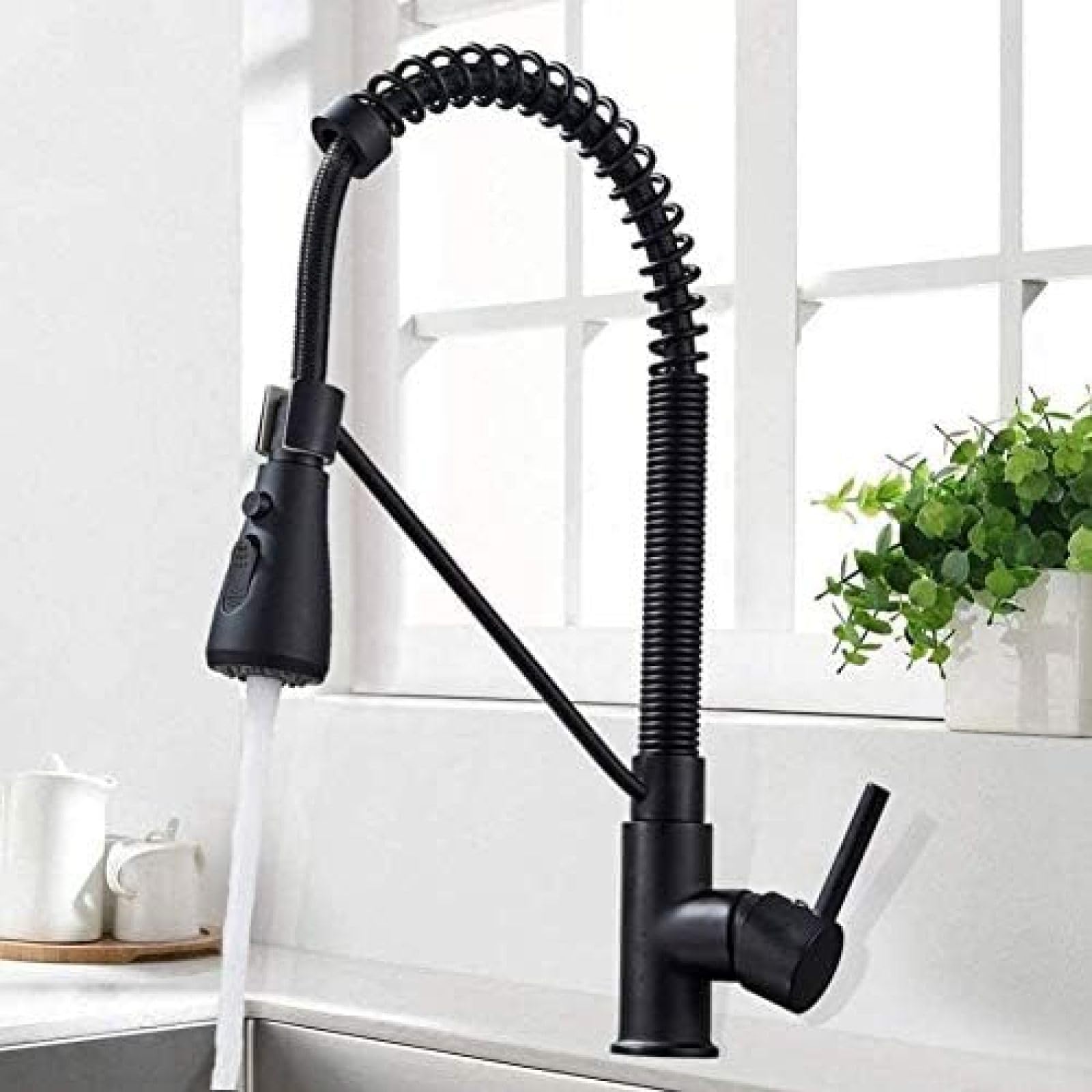 CRJUS Matte Black Pull Down Kitchen Faucet with Dual Function Spray Head - Deck Mounted Spring Hot & Cold Water Sink Faucet for Modern Kitchens | Perfect for Cooking, Washing Dishes & Food Prep