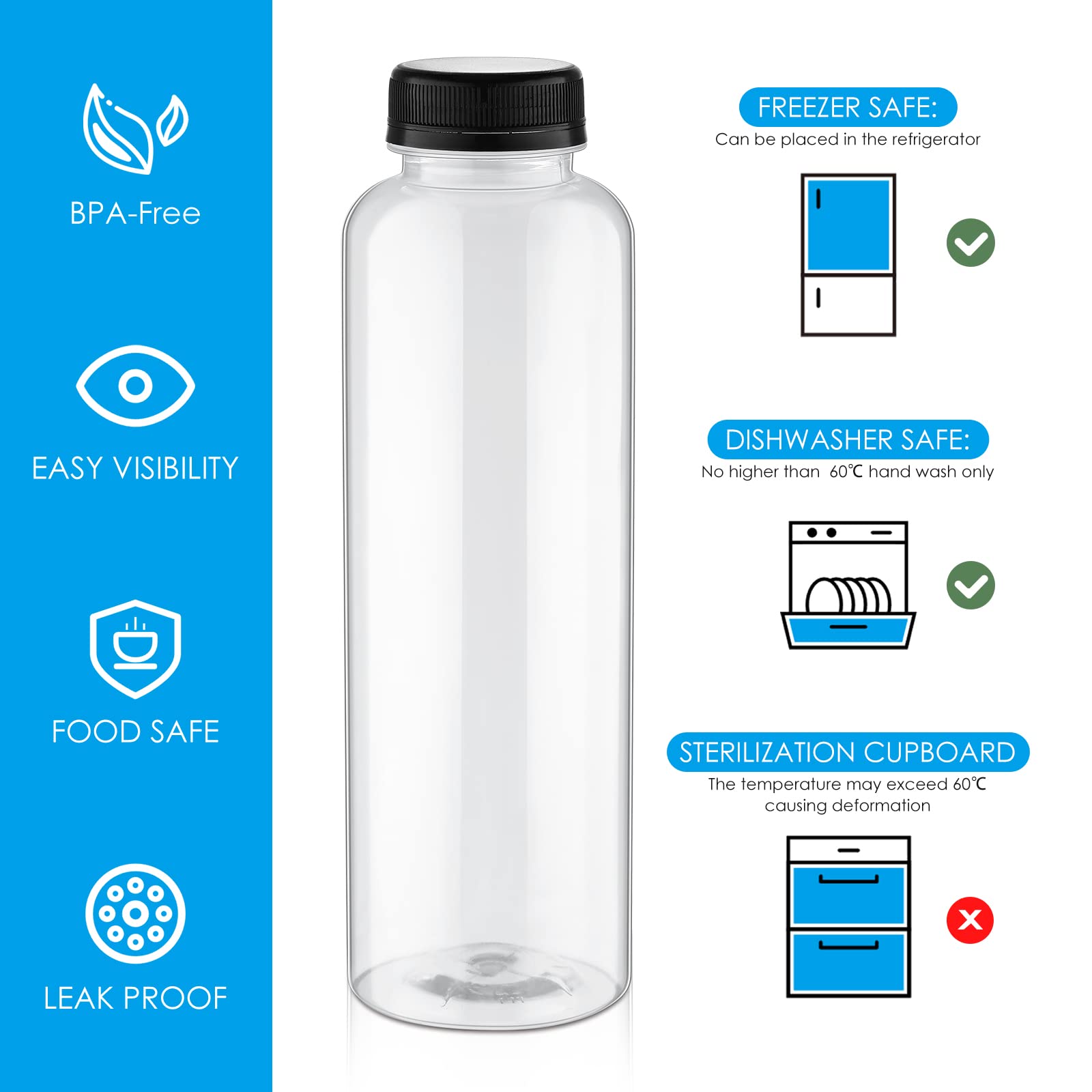 200 Pack 16oz Clear Plastic Juice Bottles with Black Caps - Reusable PET Drink Containers for Juicing, Smoothies, Beverages | Bulk Empty Bottles for Home, Restaurant, Fridge Storage & Party Use