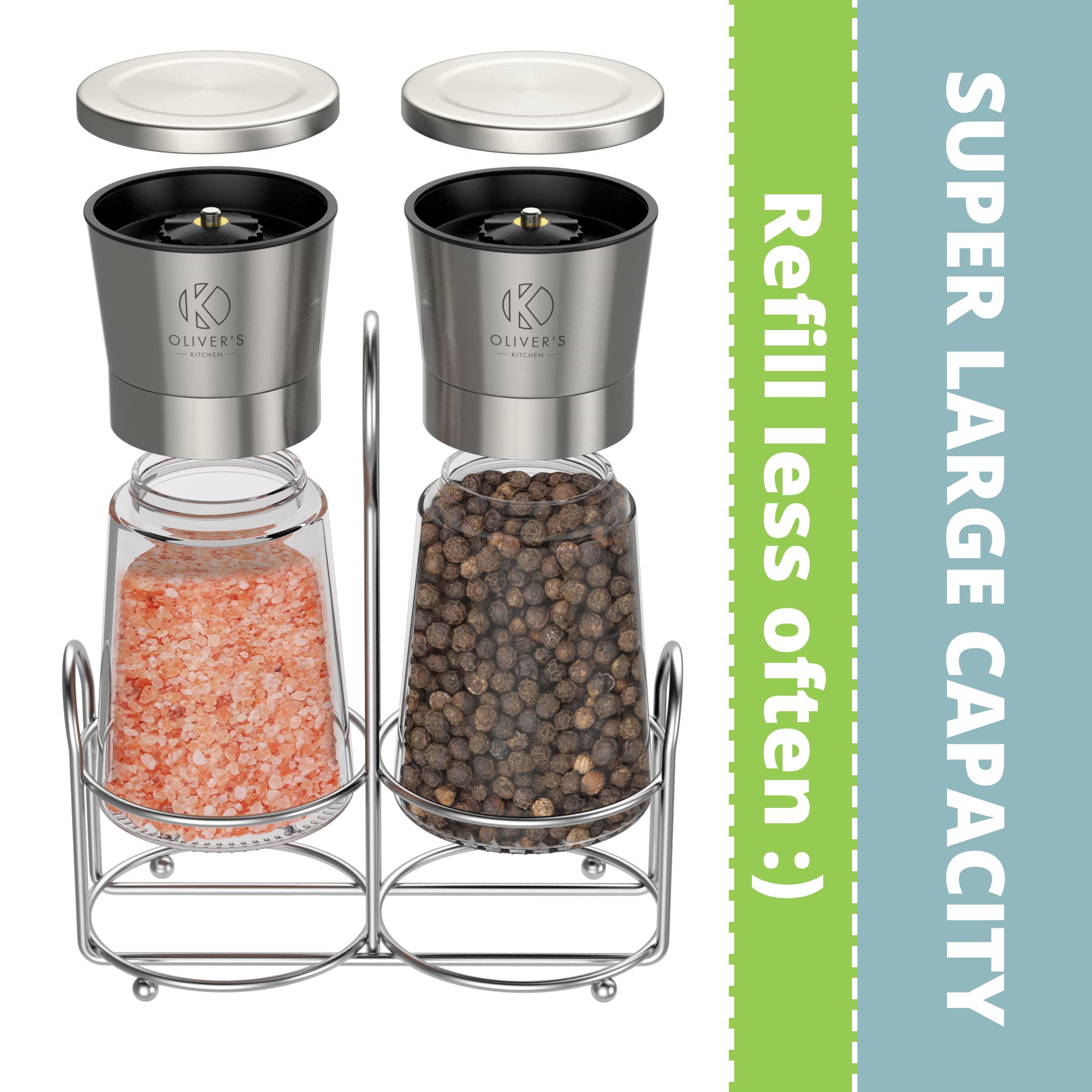 Oliver's Kitchen ® Premium Salt and Pepper Grinder Set - 2 Pack Ceramic Core Mills with Adjustable Coarseness - Large Capacity, Easy to Fill & Refill - Perfect for Cooking, Dining & Gourmet Seasoning