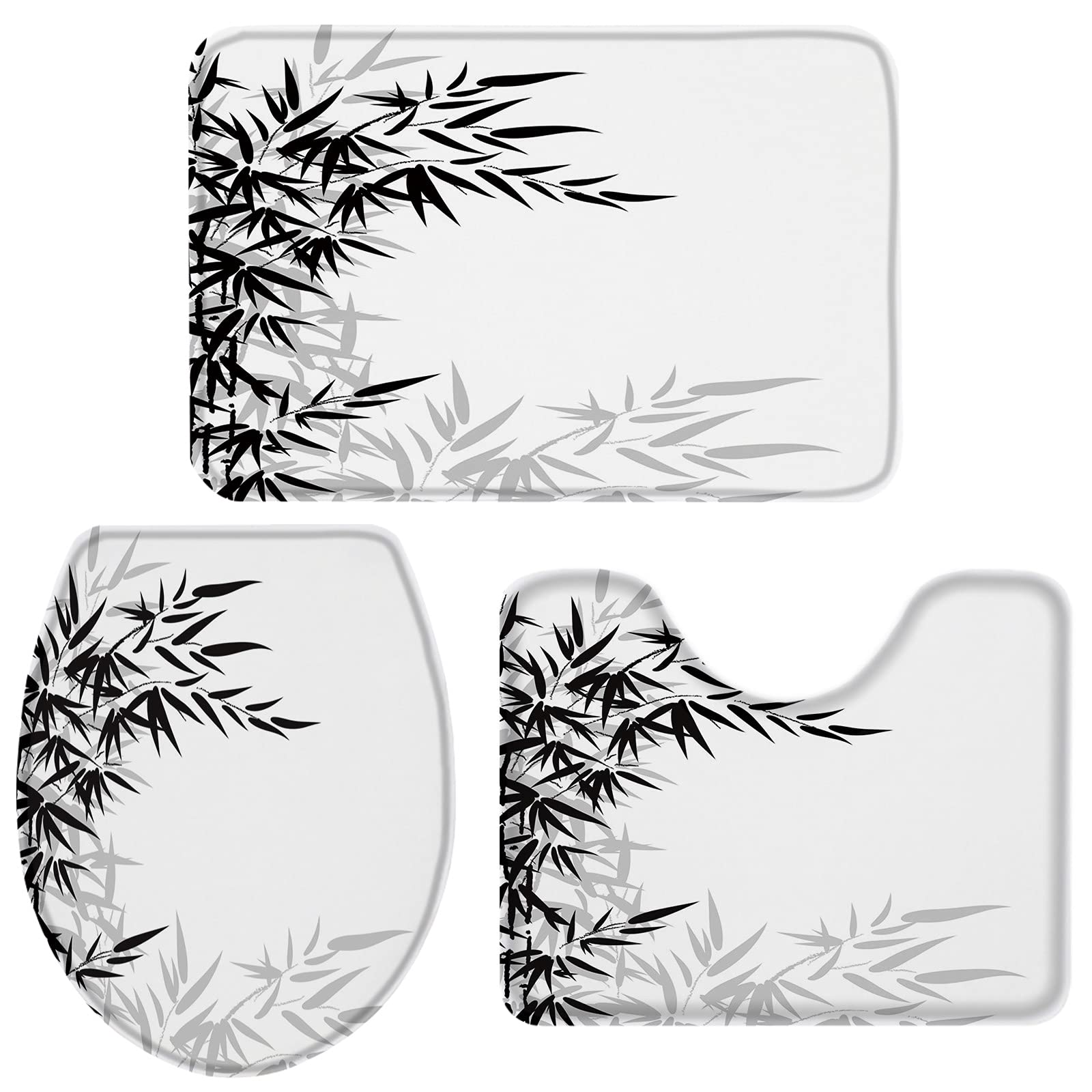 3-Piece Bathroom Rug Set - Non-Slip Bamboo Leaf Black & White Pattern Bath Mat, Contour Mat & Toilet Cover | Soft Absorbent Shower Mats for Bathroom Safety & Style | Perfect for Modern Home Decor