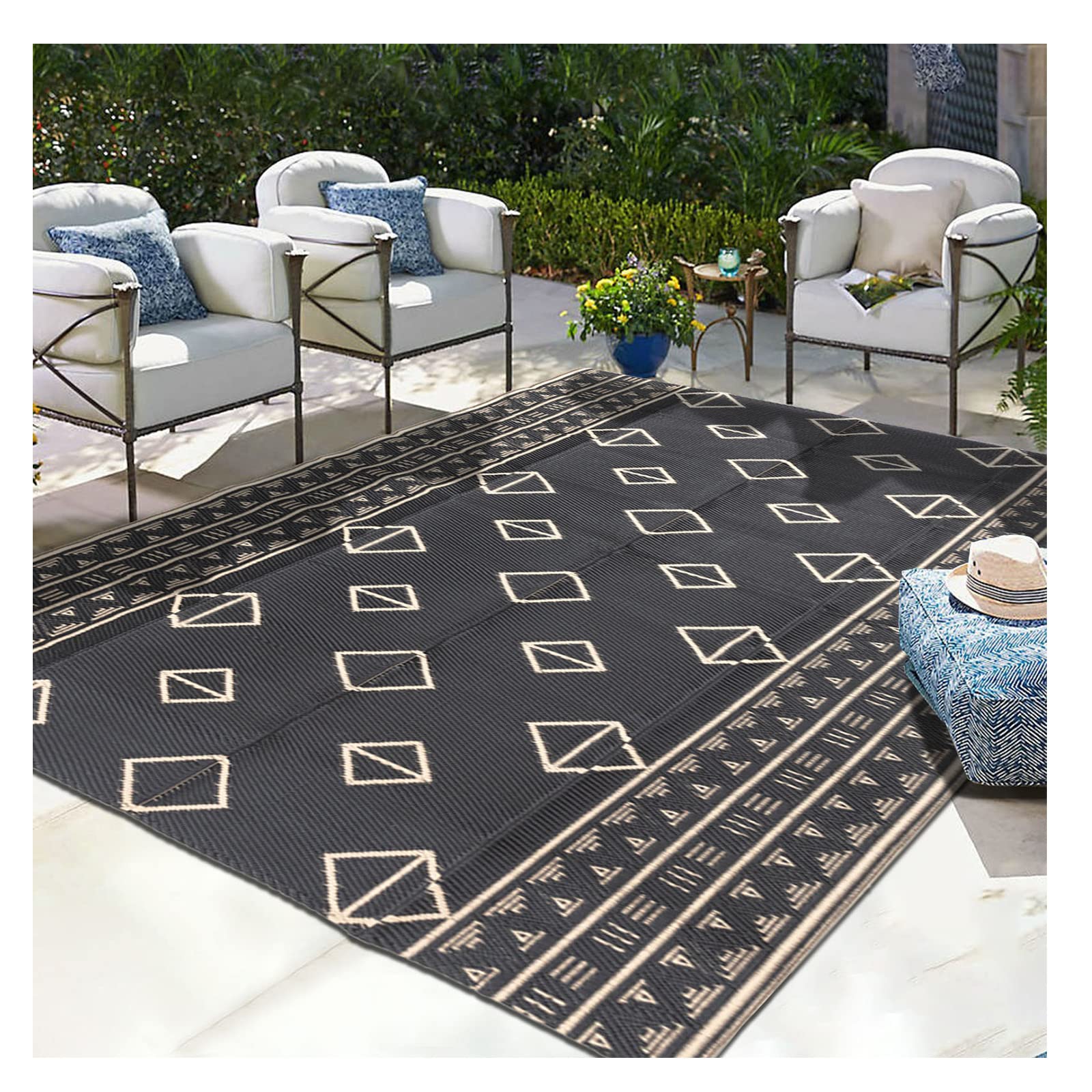 Reversible 5' x 8' Waterproof Outdoor Rug - Durable Plastic Straw Patio Carpet for RV, Camping, Deck & Beach | Portable Floor Mat with Corner Loops & Stakes | Perfect for Backyard, Picnic & Outdoor Decor