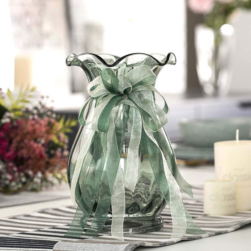 Large Transparent Glass Sculpture Vase with Ribbon Lotus Leaf Design - 16x13x30cm Home Decor for Living Room, Lily Flower Arrangement, Wedding Centerpiece & Modern Interior Decoration