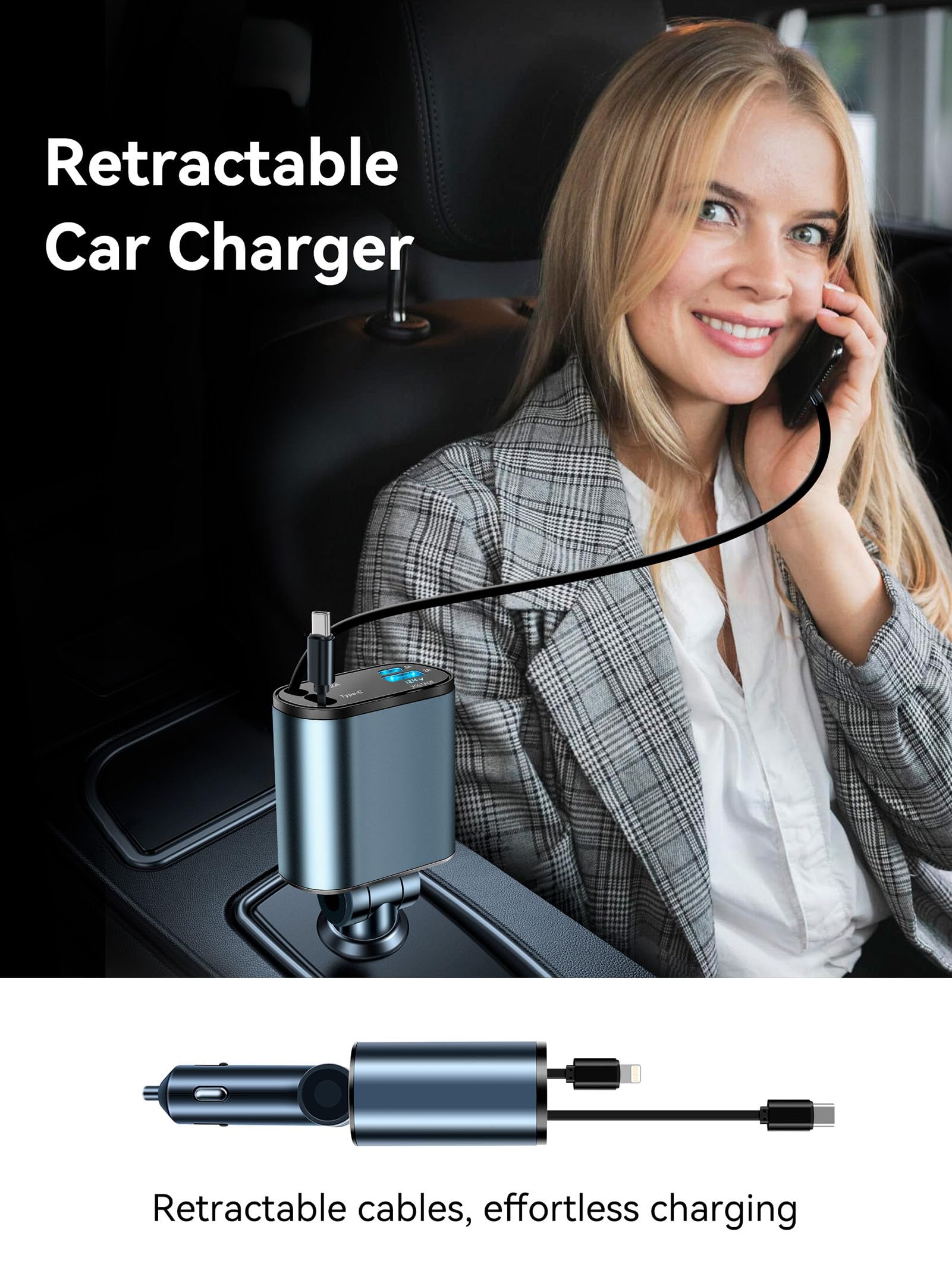 66W Fast Retractable Car Charger with USB C Ports - 4-in-1 Smart Phone Charger Adapter for iPhone & Android - Perfect for Road Trips, Commuting & Emergency Charging