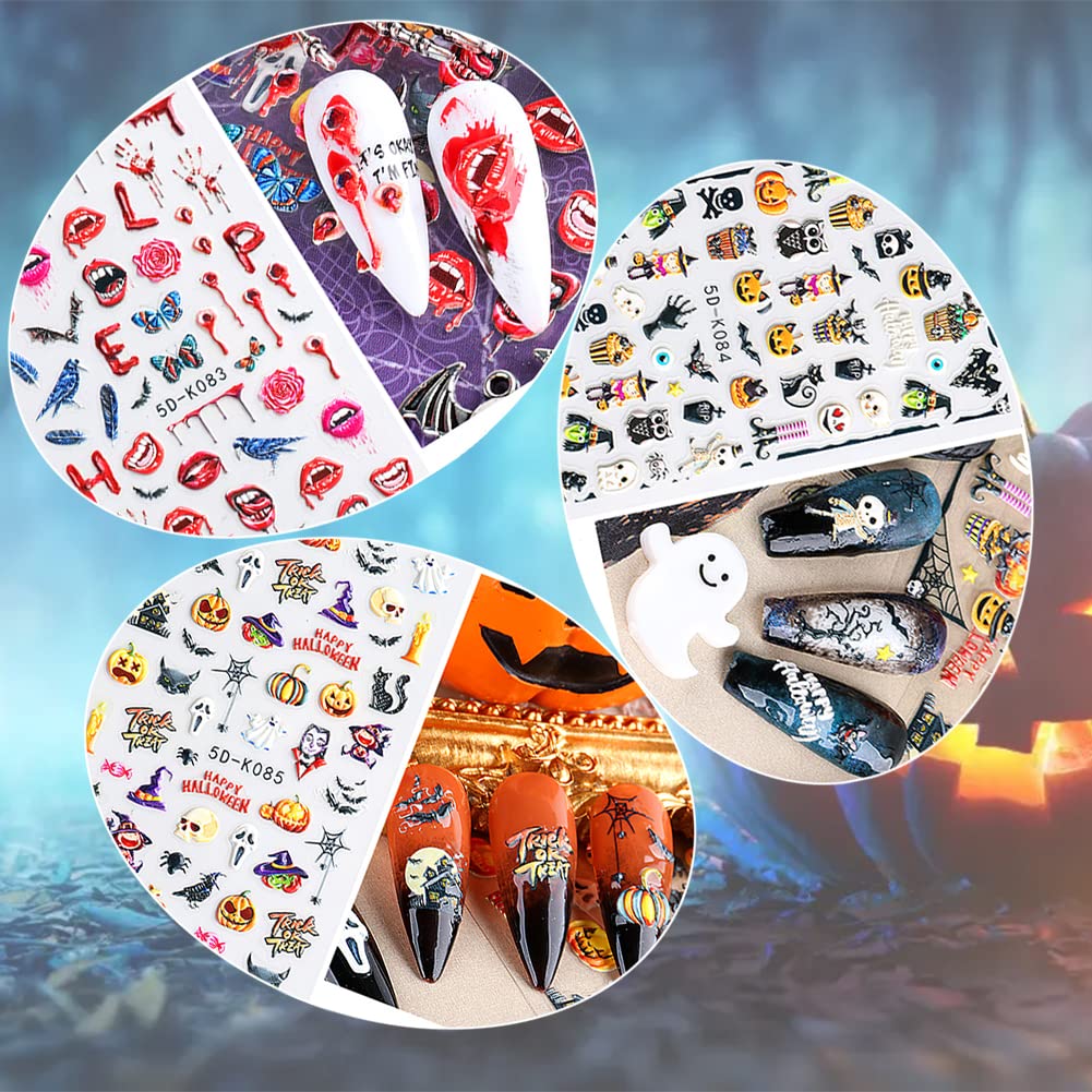 5D Halloween Nail Art Stickers - 3D Embossed Nail Decals with Strong Adhesive for Women, Girls & Kids | Perfect for Halloween Parties, Costume Accessories & Nail Art Designs