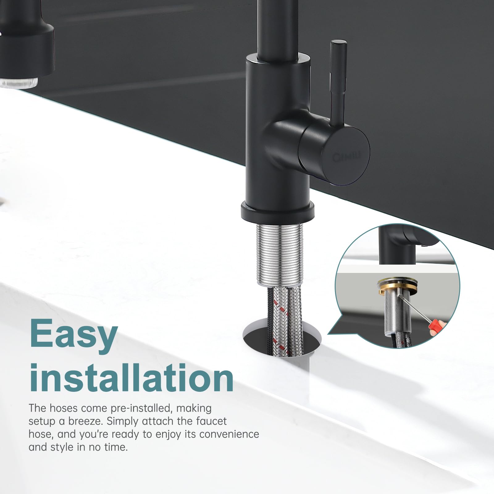 GIMILI Matte Black Kitchen Faucet with LED Light - Single Hole Spring Sink Faucet with Pull Down Sprayer for Modern Home Kitchen Renovation