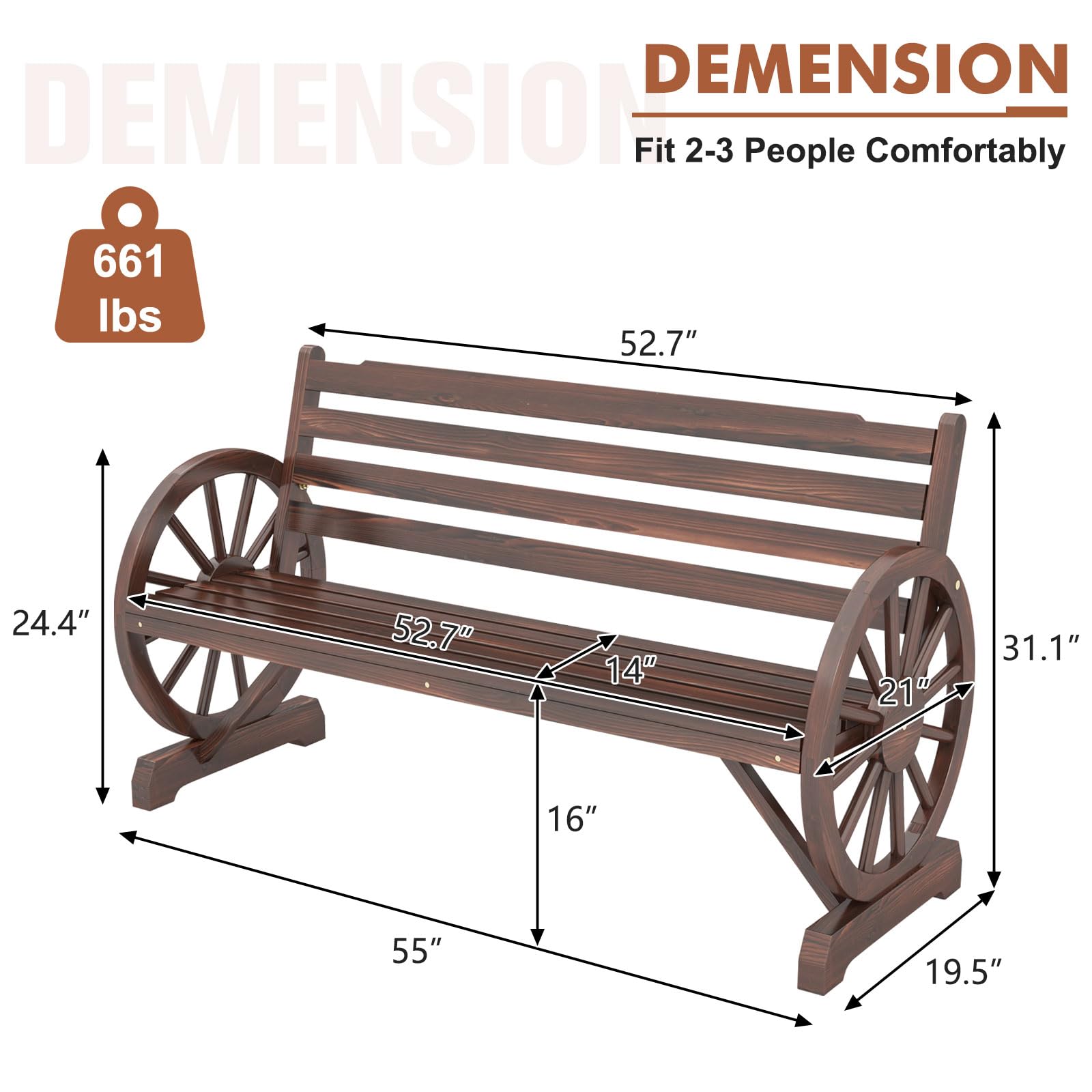 KINTNESS 3-Person Wooden Wagon Wheel Bench - Rustic Outdoor Garden Bench with Slatted Seat & Backrest - Perfect for Backyard, Patio, Porch, and Garden Decor