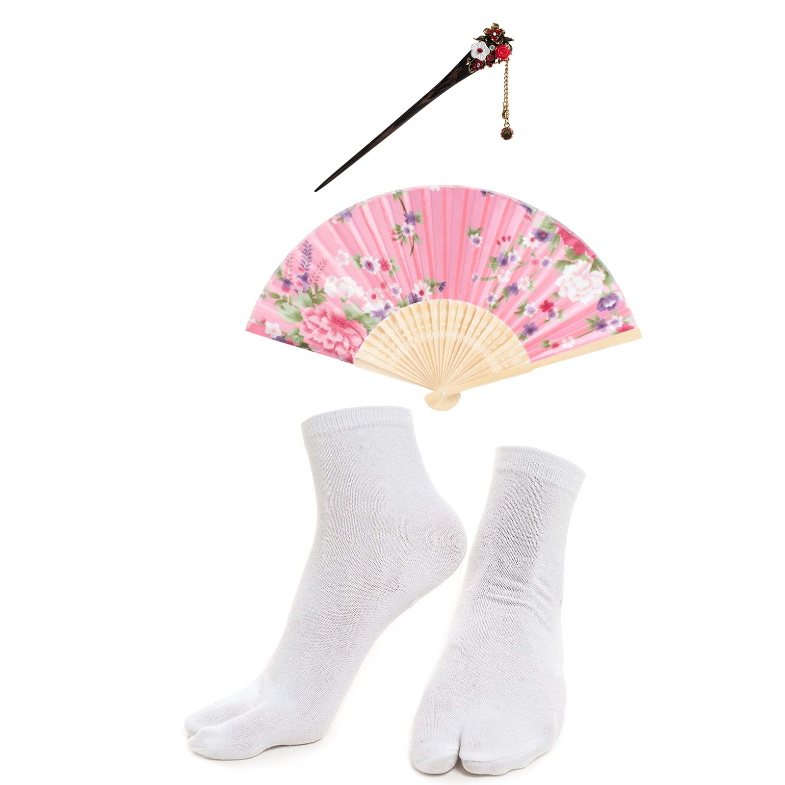 Japanese Anime Women's Dance Kimono Robe Costume Set with Silk Folding Fan, Tabi Socks & Hair Sticks - Traditional Cosplay Outfit for Halloween, Stage Performances & Themed Parties