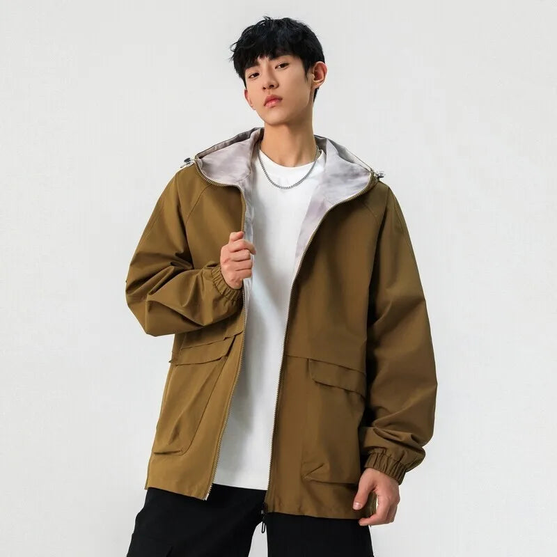 Men's Reversible Hooded Jacket - American Style Streetwear Coat with Drawstring, Solid Color Spring Outerwear for Casual Wear | Perfect for Urban Outings & Outdoor Activities