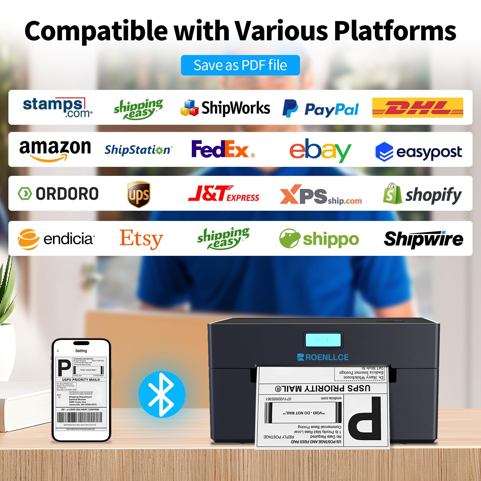 4x6 Bluetooth Thermal Shipping Label Printer for Small Business - Compatible with Windows, Mac, iOS, Android - Perfect for Amazon, eBay, Shopify, Etsy & UPS - Ideal for Home Office & E-commerce Shipping