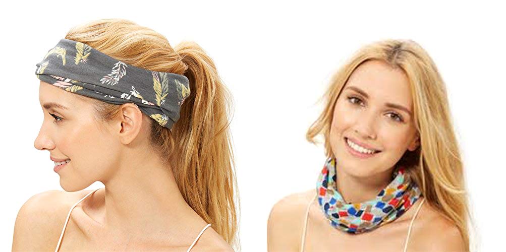 2Chic Set of 2 Stretch Headbands with Feathers & Multi-Colored Shapes - Fashion Hair Accessories for Women & Girls - Perfect for Workouts, Yoga, Sports & Everyday Wear