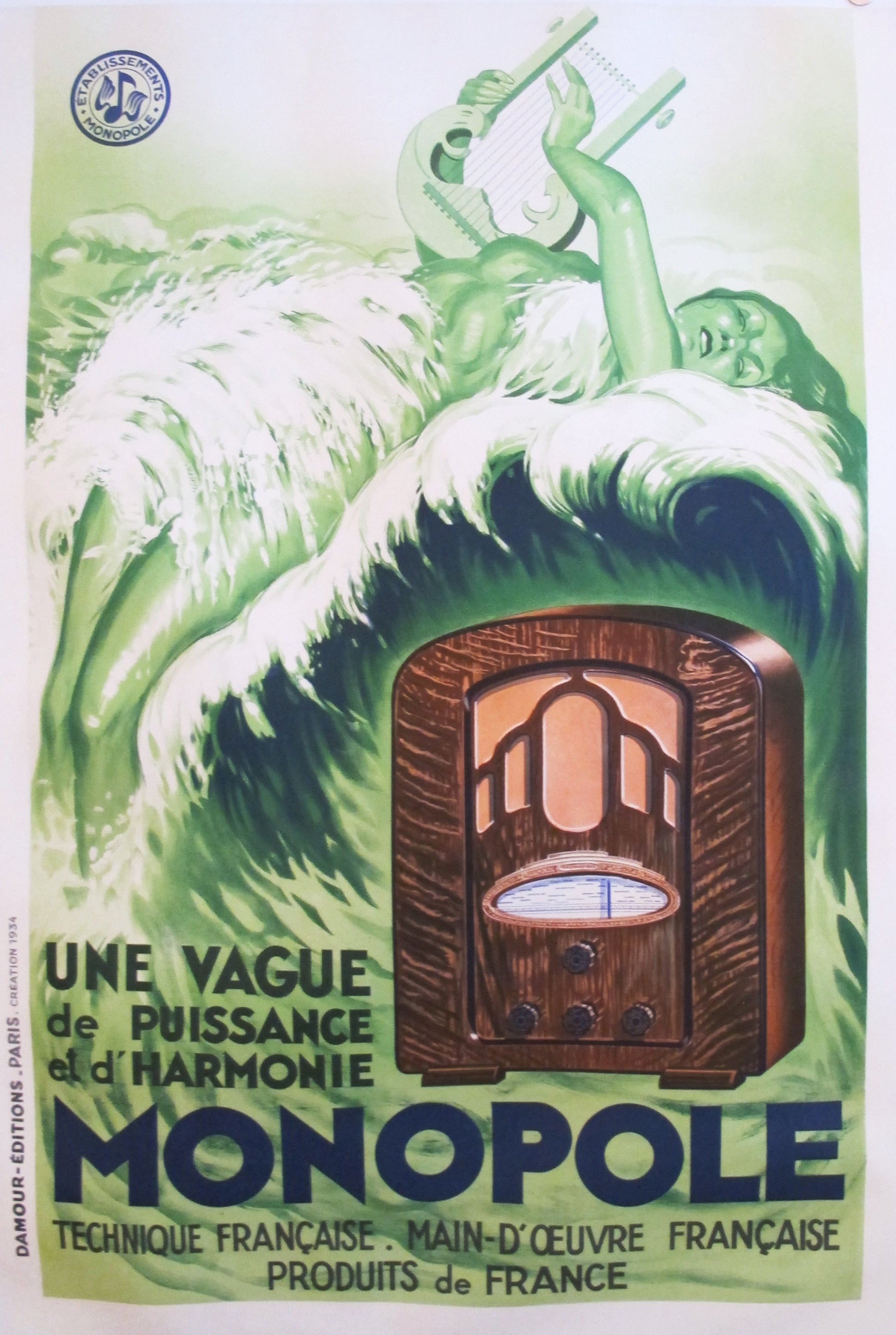Vintage 1934 French Art Deco Radio Monopole Poster - Linen Backed Original Print | Perfect for Home Decor, Office Wall Art & Retro Interior Design