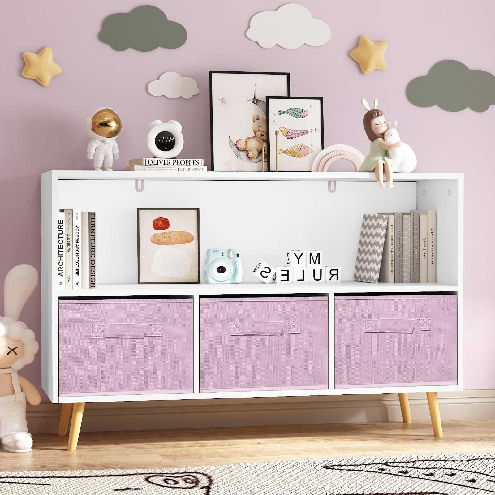 2-Shelf Bookcase with 3 Fabric Storage Bins - Wooden Storage Organizer with Pine Legs for Nursery, Bedroom & Living Room - Perfect for Kids' Toys, Books & Home Decor Organization