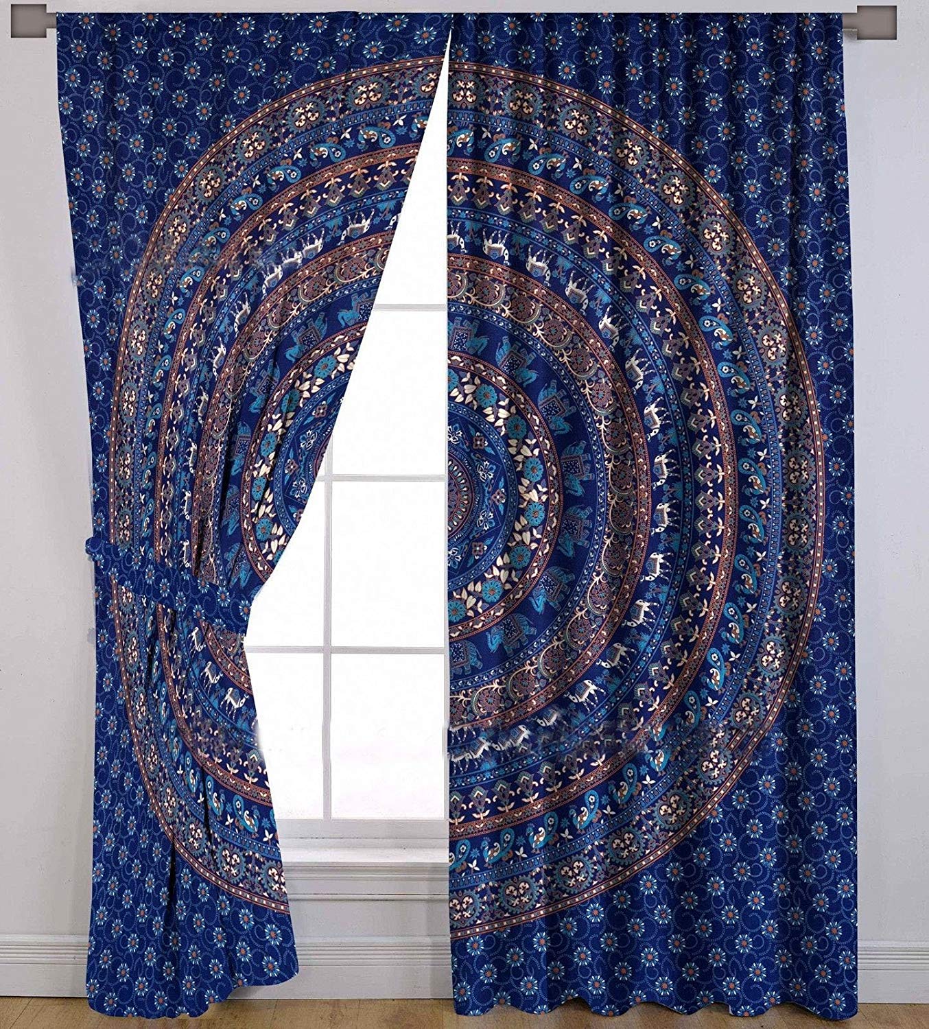Indian Mandala Cotton Window Curtains - Elephant Printed Door Drapes & Hippie Room Decor for Bedroom, Balcony, Kids Room Divider - Boho Tapestry Wall Hanging for Meditation Spaces & Yoga Studios