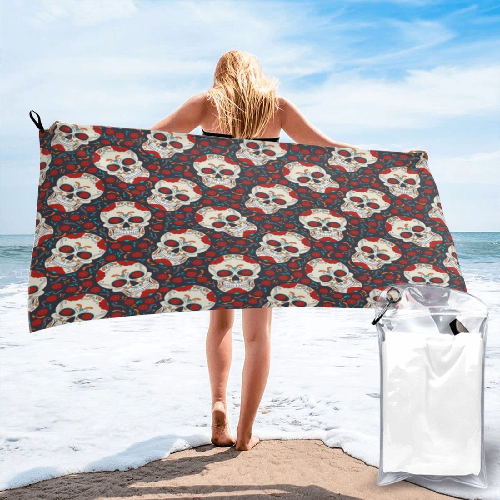 Quick Dry Microfiber Beach Towel with Pocket - Floral Sugar Skull Design | Sand-Free, Lightweight Travel Towel for Swimming, Gym & Outdoor Activities | Perfect Gift for Women & Men