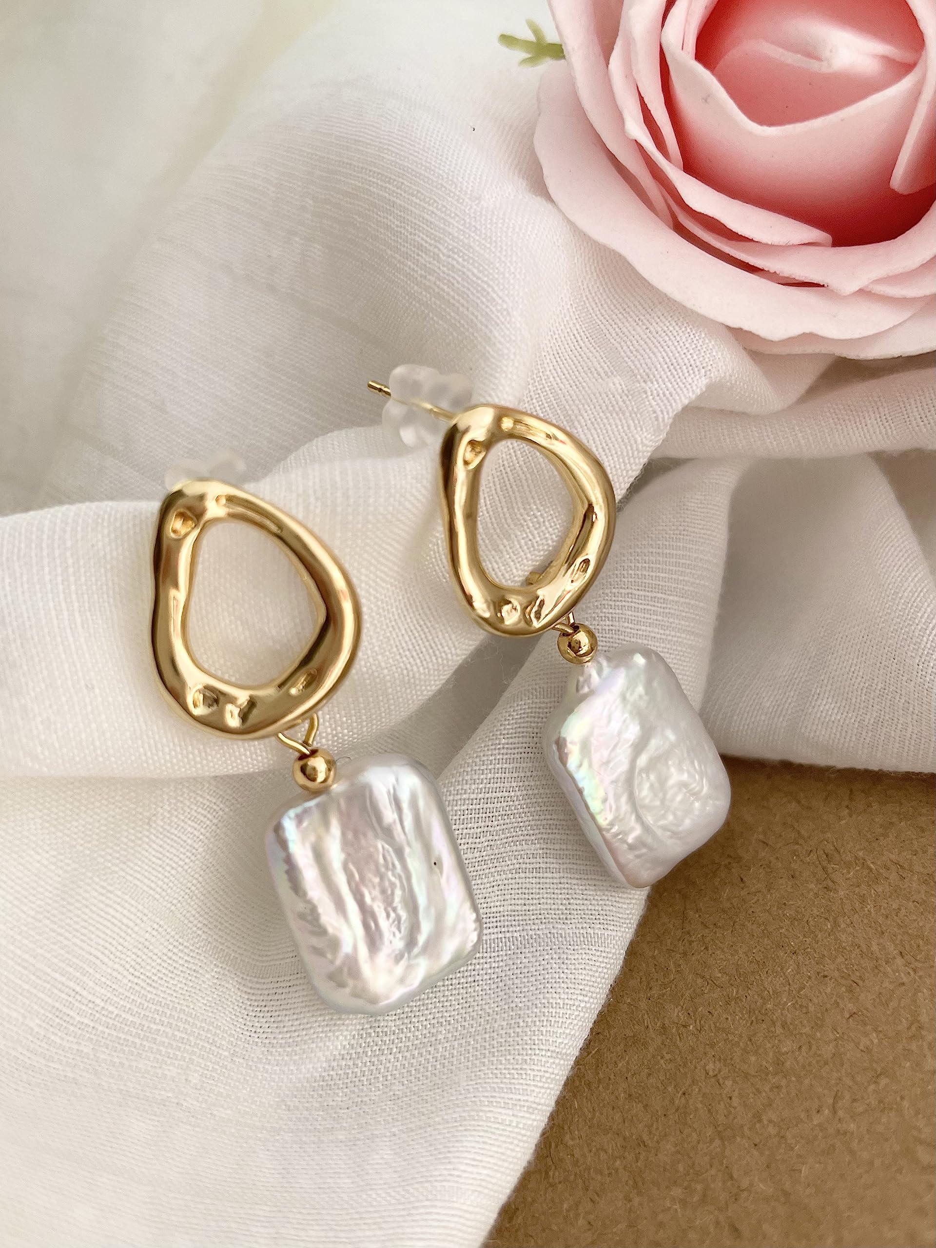 Elegant Baroque Pearl Earrings for Women - Cultured Freshwater Pearl Stud Hoop Square Statement Jewelry - 14K Gold Plated Drop Dangle Earrings - Perfect for Bridal Wedding, Birthday Gifts & Special Occasions