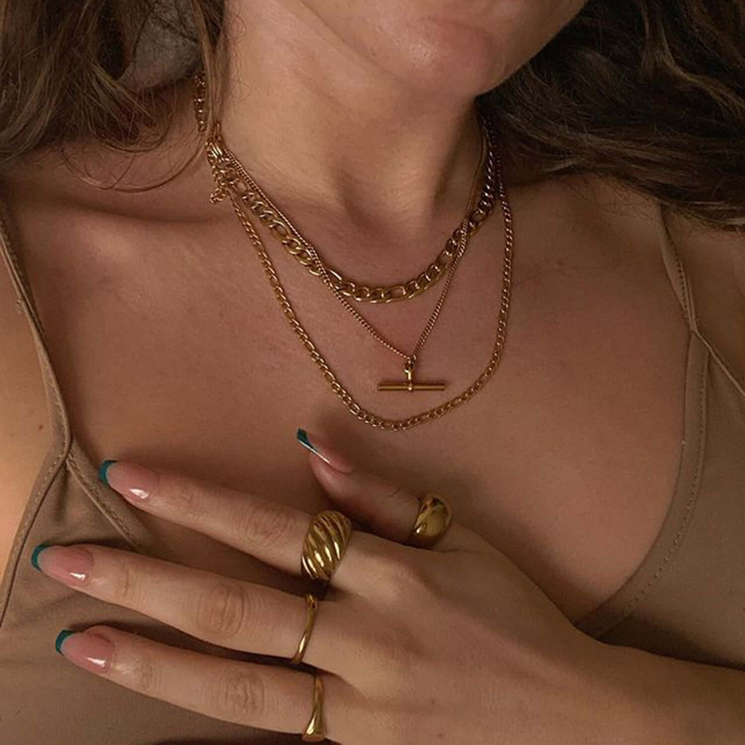 18K Gold Plated Figaro & Rope Chain T Bar Pendant Necklace for Women - Elegant Layering Jewelry Gift for Birthday, Anniversary & Valentine's Day | JDN735