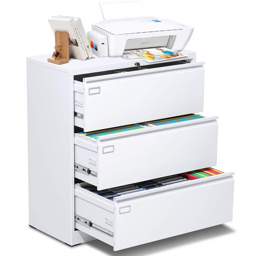 Bonusall 3-Drawer Locking Lateral File Cabinet - White Metal Office Filing Cabinet with Keys | Secure Document Storage for Home & Business Organization