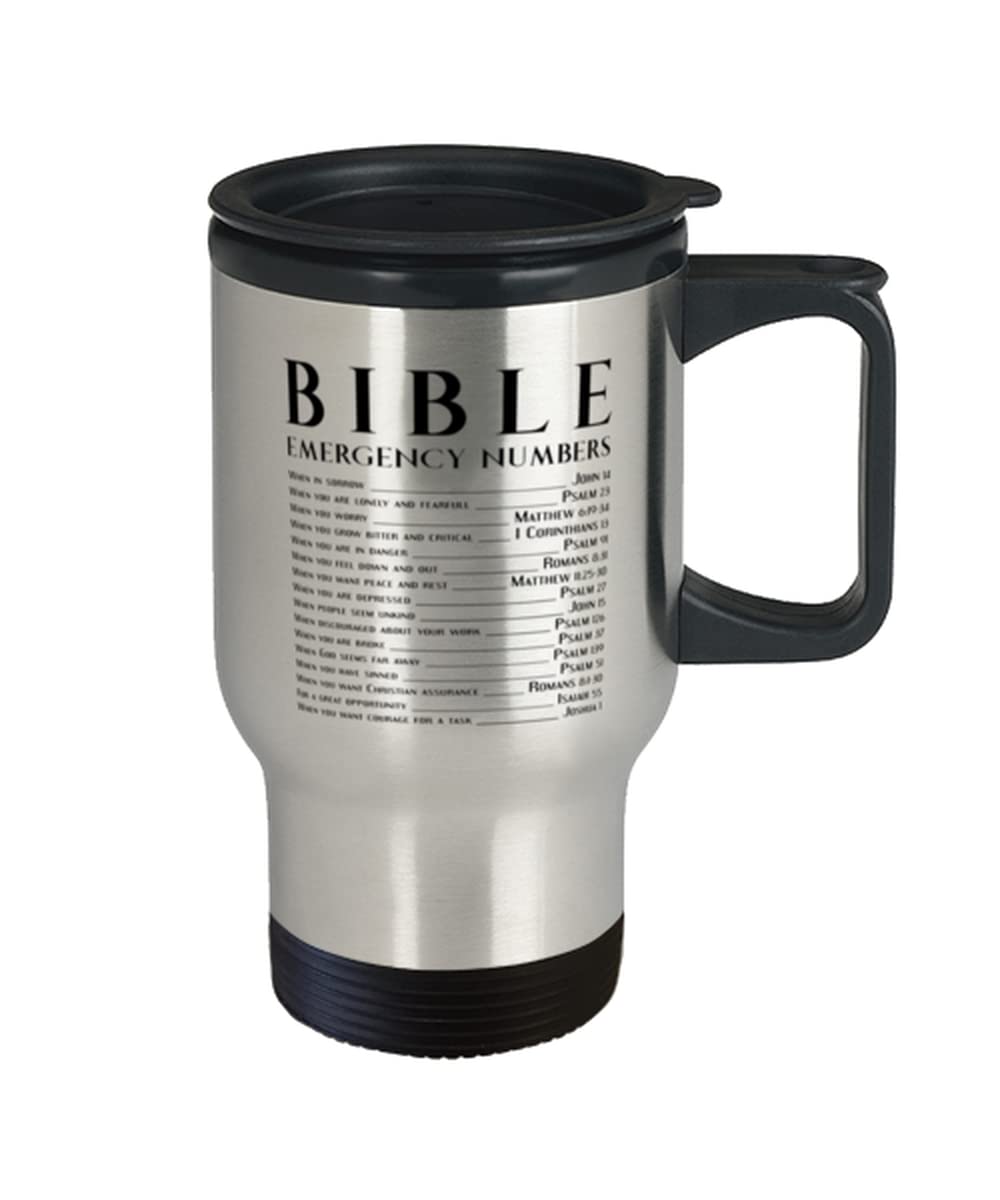 Christian Travel Mugs with Bible Emergency Numbers - Inspirational Bible Study Gifts, Scripture & Jesus Verse Coffee Tumblers - Perfect for Church, Bible Study Groups & Christian Travelers