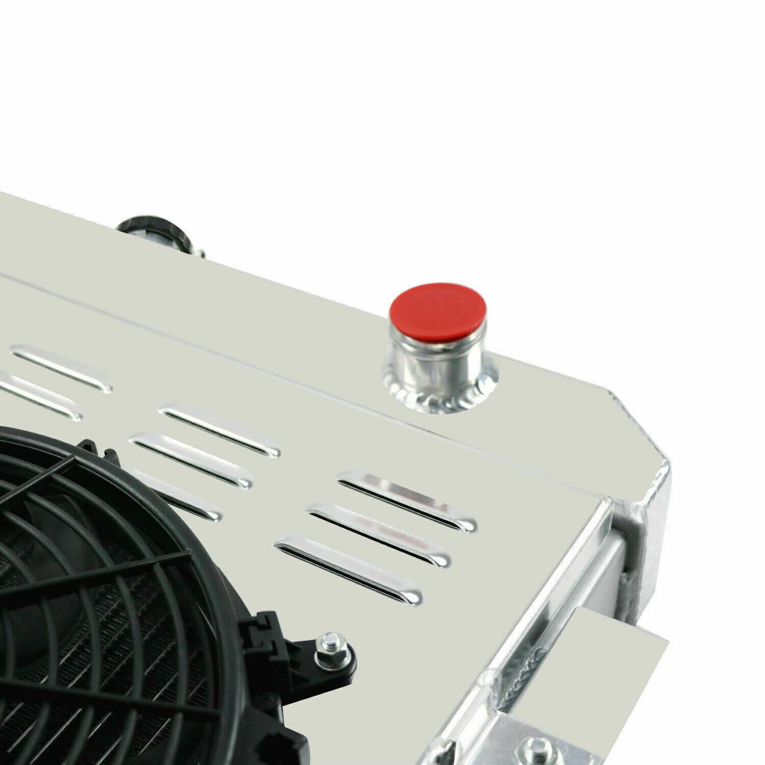 4 Row Aluminum Radiator Replacement for 1972-1986 Jeep CJ5 CJ6 CJ7 Scrambler with L4 L6 V8 2.5L 3.8L 4.2L 5.0L Gas Engines - Includes Electric Fan Shroud & Thermostat Kit - Perfect for Off-Roading, Overheating Prevention & Engine Cooling