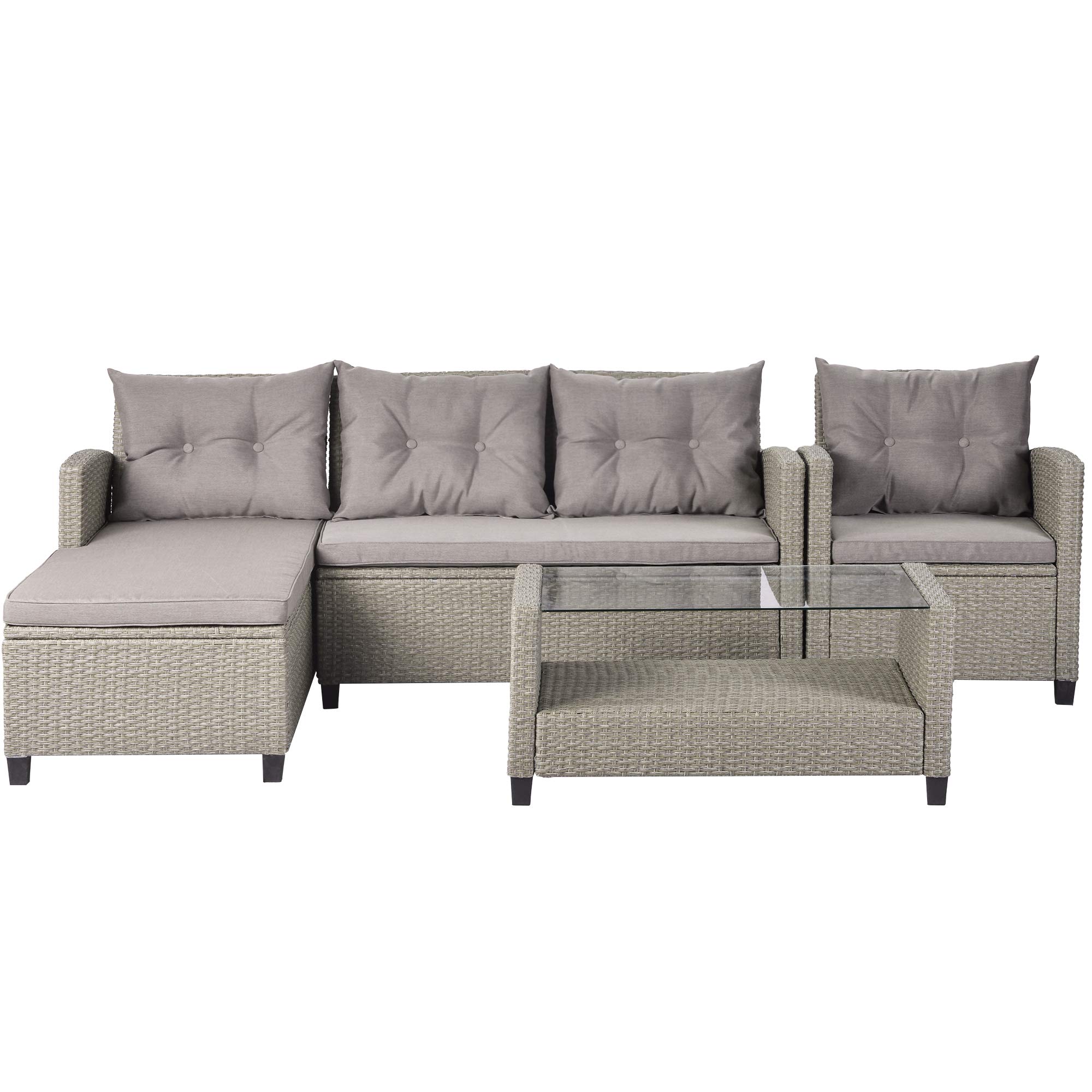 4-Piece Outdoor Patio Furniture Set - Wicker Rattan Sectional Sofa with Cushions & Coffee Table - Water-Resistant Gray Conversation Set for Poolside, Backyard, Lawn or Garden Relaxation