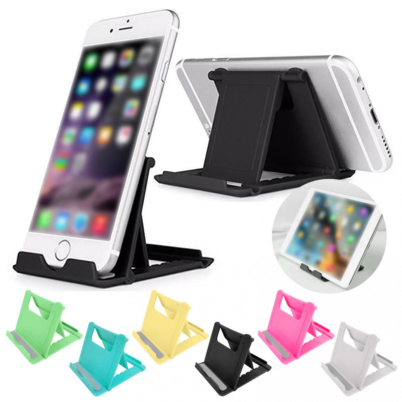 Adjustable Foldable Multi-Angle Cell Phone Stand Holder - Universal Smartphone Dock Bracket for Desk, Table, Bedside - Compatible with iPhone, Samsung & All Phones (Black) - Perfect for Watching Videos, Video Calls & Hands-Free Use at Home, Office or Travel