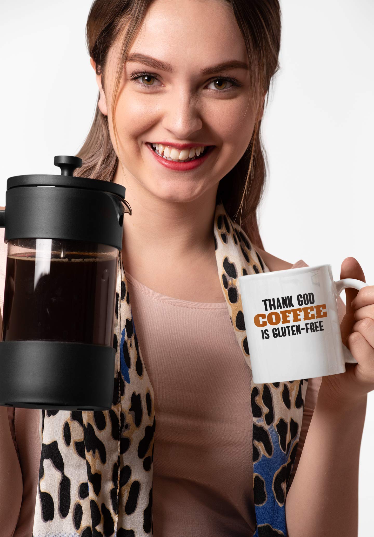 Funny Thank God Coffee Is Gluten Free 11oz Ceramic Mug - Vegan Friendly Coffee & Tea Cup for Home, Office, Gifts