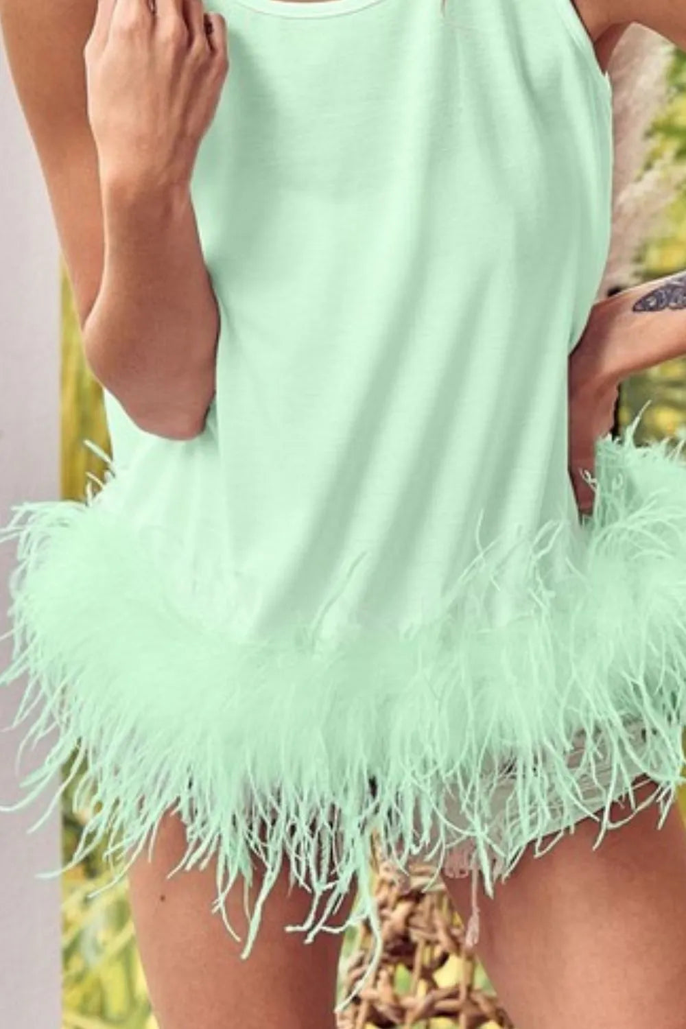 BiBi French Terry Faux Feather Bottom Back Tied Top - Stylish Women's Casual Crop Top for Summer Outfits, Beachwear & Lounge Wear