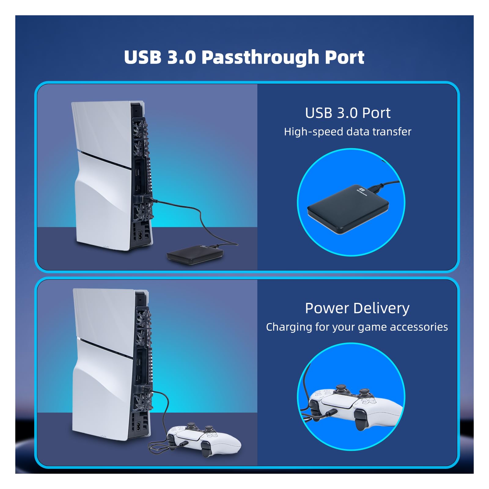 NANANINO PS5 Slim Cooling Fan with RGB Lighting & USB 3.0 Port - Compatible with PlayStation 5 Slim Disc/Digital Edition (Not for PS5 Pro) | Prevent Overheating for Extended Gaming Sessions & Improve Console Performance