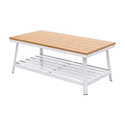 Outdoor Aluminum Patio Coffee Table - White & Oak Finish - Weather-Resistant Modern Side Table for Garden, Poolside, and Patio Furniture Set