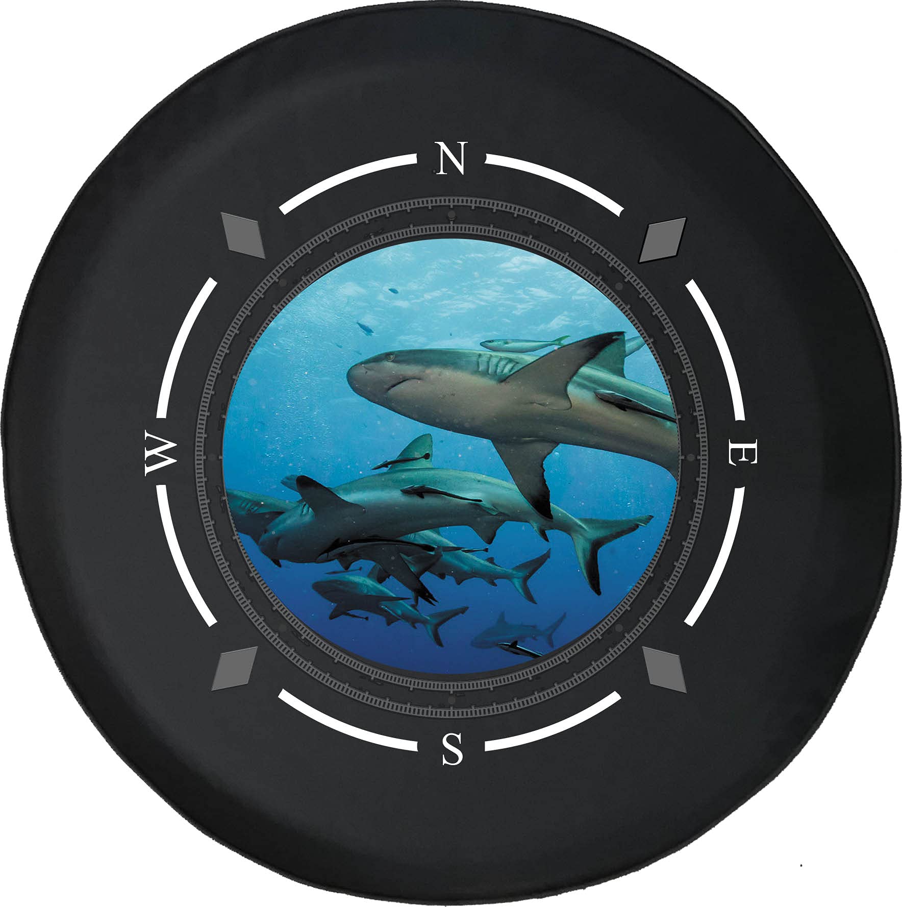 American Unlimited Spare Tire Cover with Compass Design - Great Barrier Reef & Great White Sharks Print - Universal Fit for SUV, Trailer, RV & Most Vehicles - Perfect for Road Trips, Camping & Outdoor Adventures