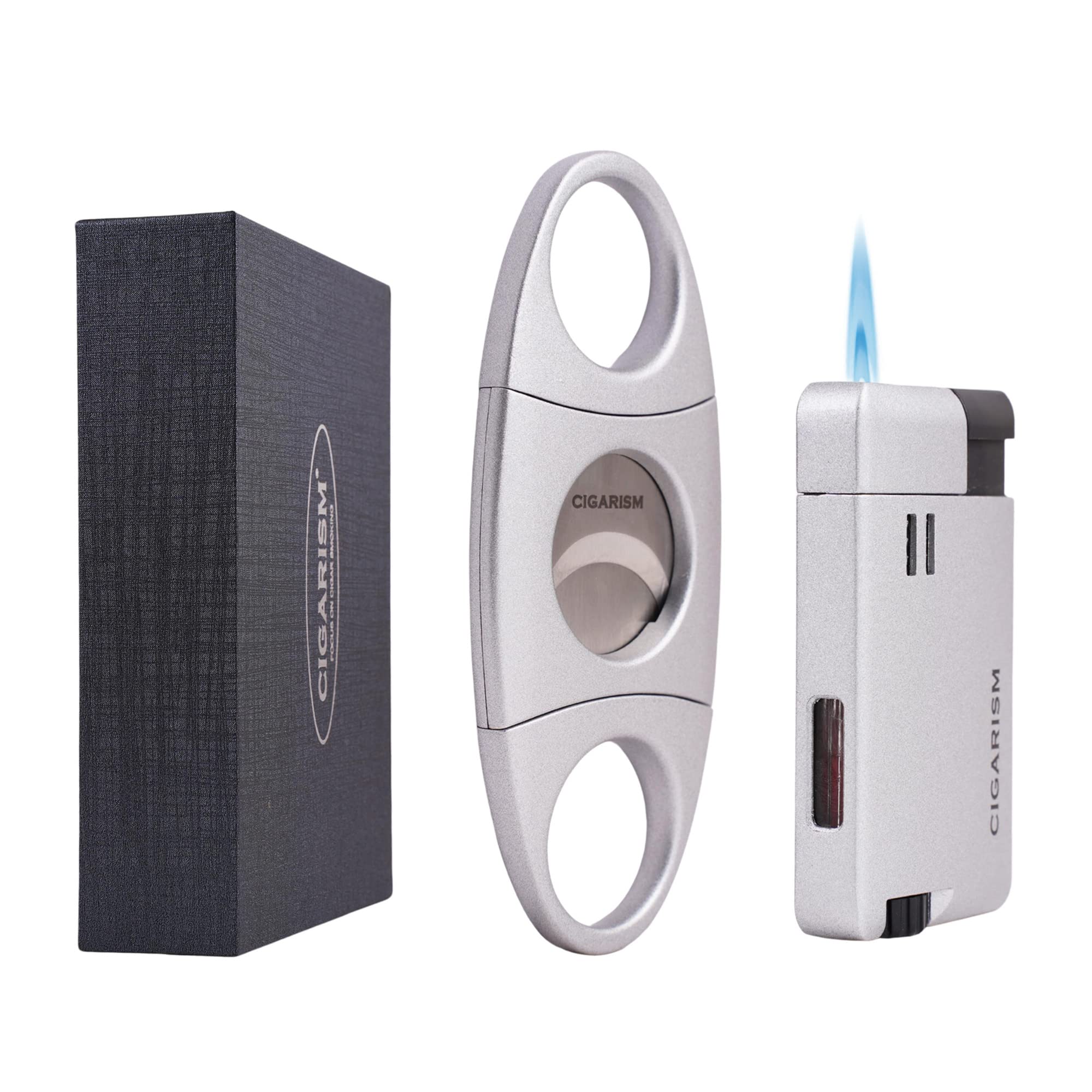 Premium Sand Silver Plated Cigar Lighter & Champagne Cigar Cutter Set - Luxury Smoking Accessories for Cigar Enthusiasts | Perfect for Gifts, Parties & Relaxing Moments
