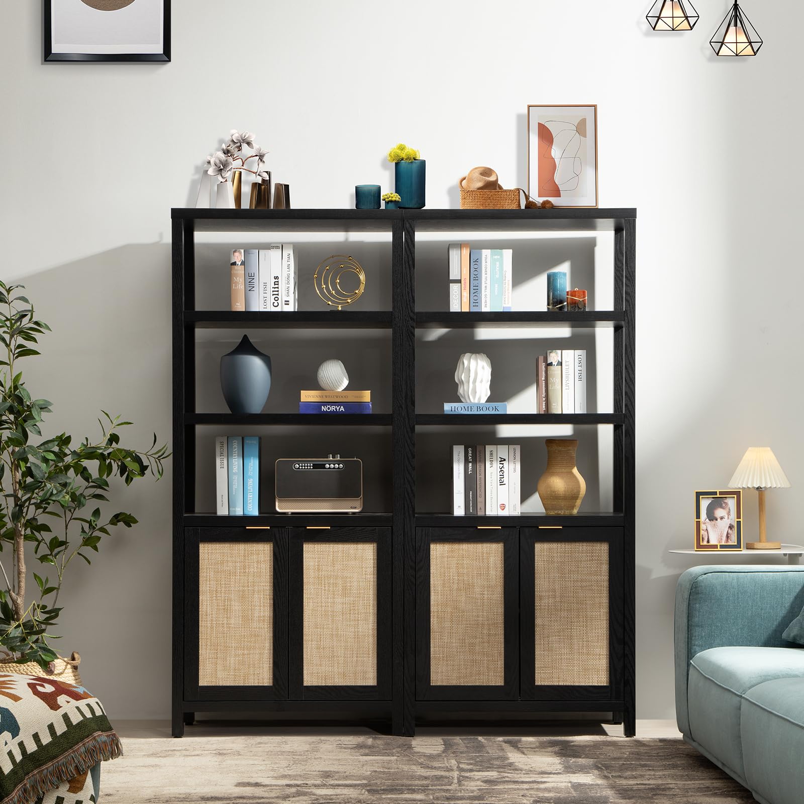 5-Tier Rattan Boho Bookshelf with Doors - 71