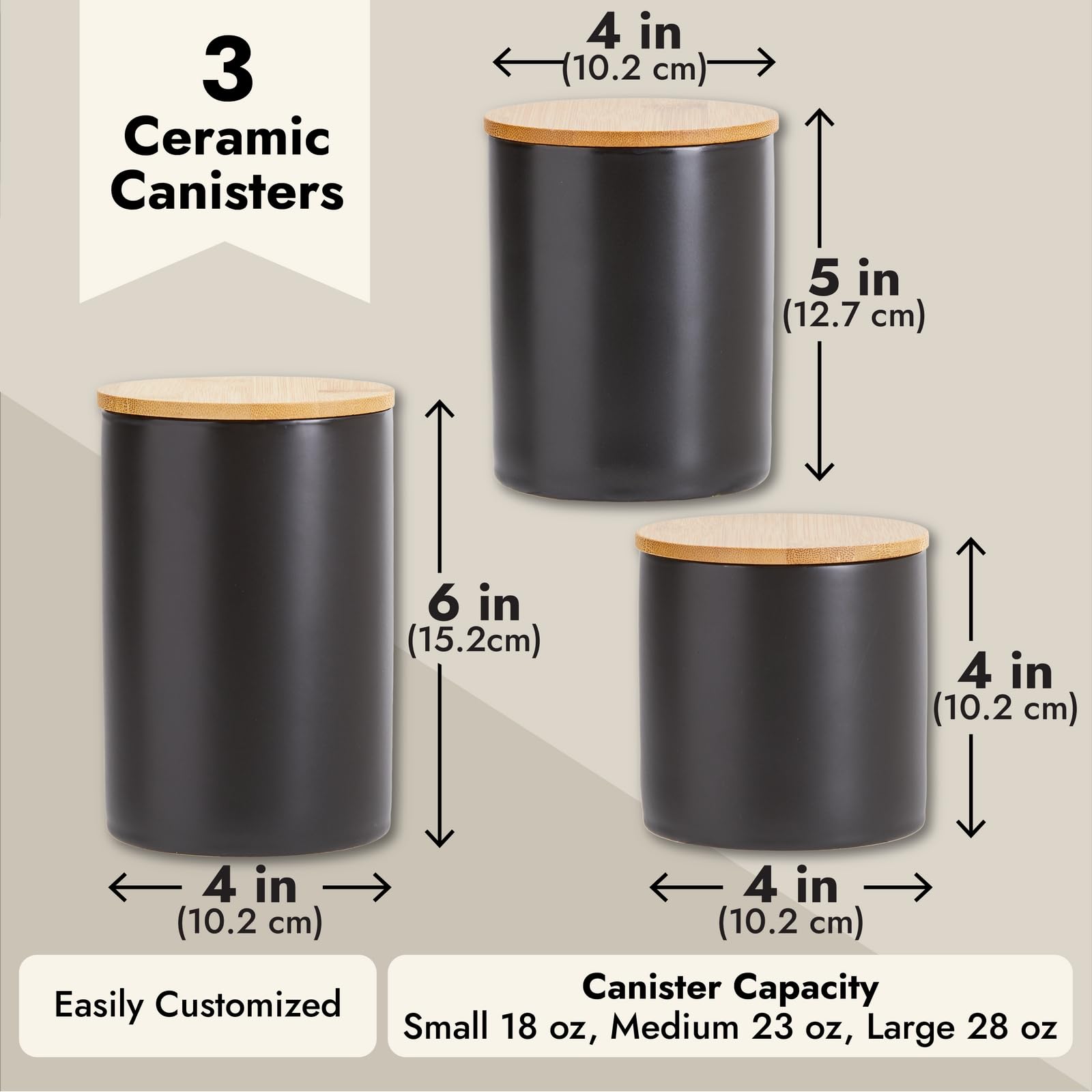 Farmlyn Creek 3-Piece Matte Black Kitchen Canister Set with Airtight Bamboo Lids - Food Storage Containers for Sugar, Coffee, Flour & Dry Goods (3 Sizes) - Perfect for Pantry Organization & Countertop Display